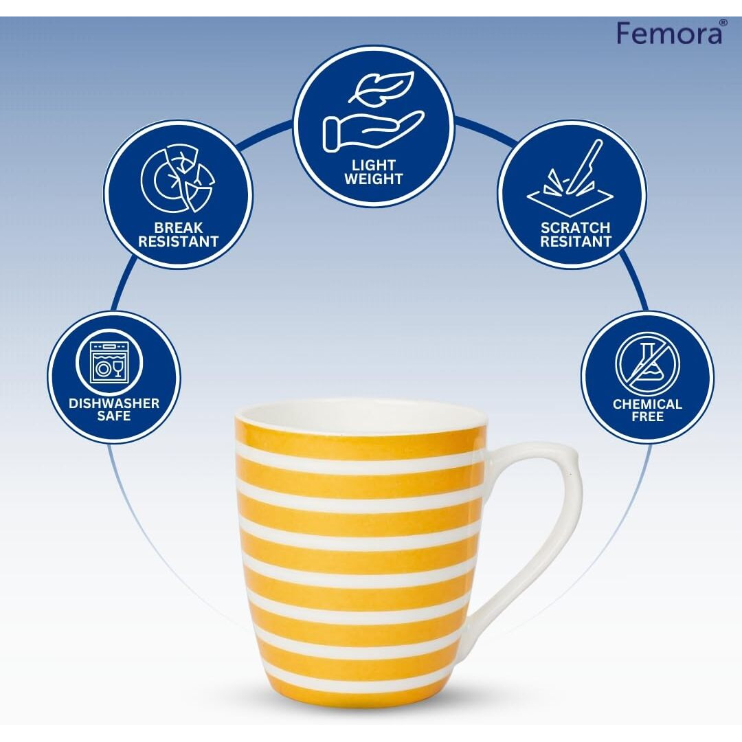 Femora Indian Breton Stripes Multi Color Ceramic Tea Cup, Coffee Mugs, Set Of 6 Pcs, 160 Ml