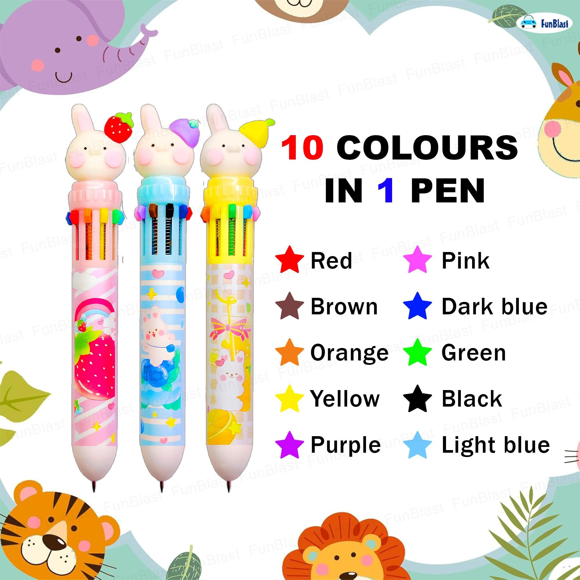 Funblast 10 In 1 Pens For Kids Ball Pen Set For School&Office-Cartoon Pen For Office,School Stationery Items For Kids-Stationery Kit,Stationery Set,Birthday Return Gift (3 Pcs),Blue