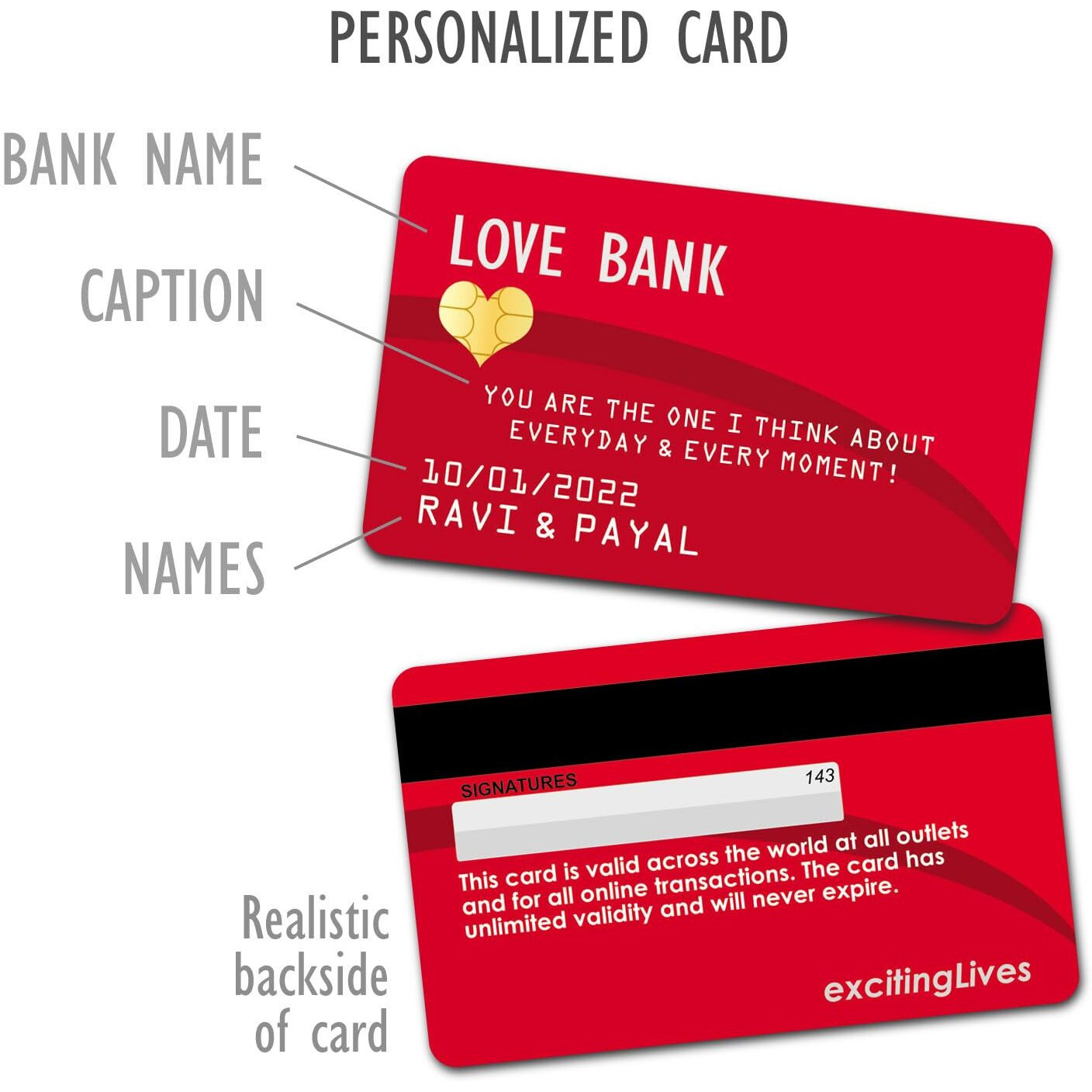 Exciting Lives - Personalised Credit Card Gift - Gift For Valentine's Day, Birthday, Wedding, Anniversary - For Husband, Wife, Boyfriend, Girlfriend - 8.5 X 5.3 Cm