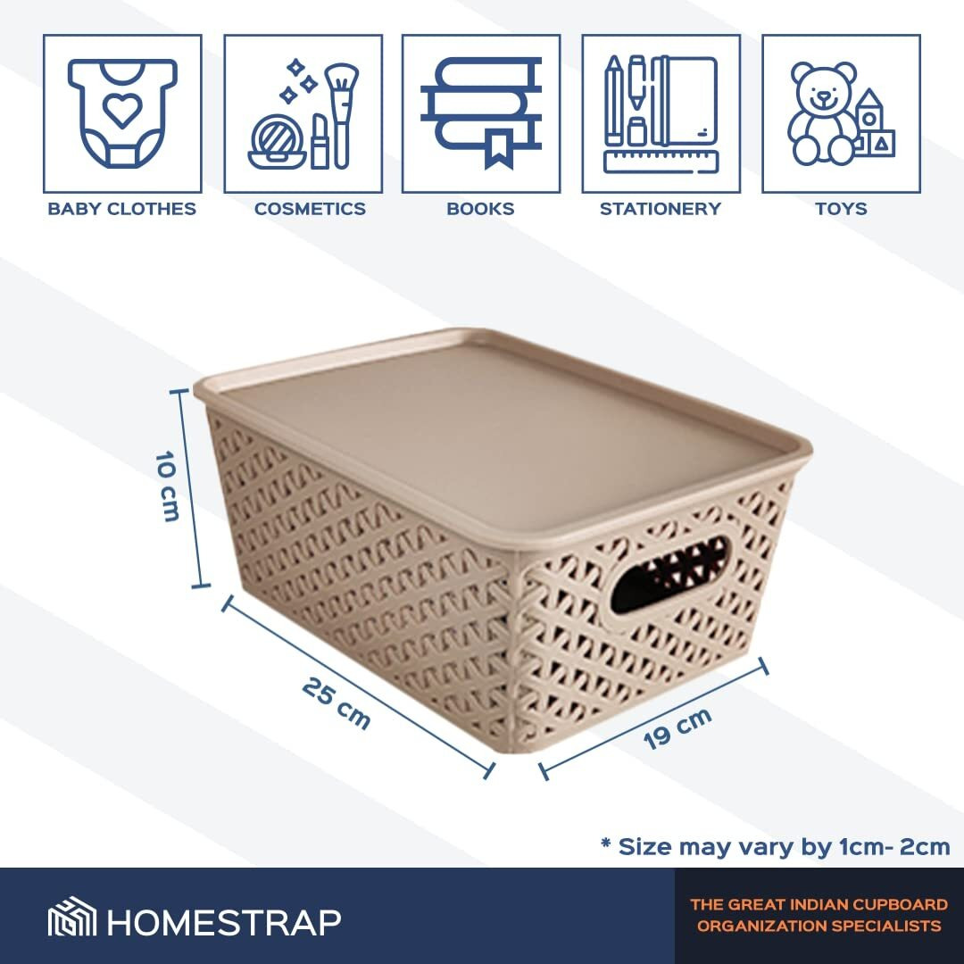 Homestrap Set Of 3 Plastic Storage Organizers/Baskets With Lid For Kitchen, Clothes, Multipurpose Vegetables, Toys, Books, Office, Stationery, Wardrobe(Small| Biscuit)