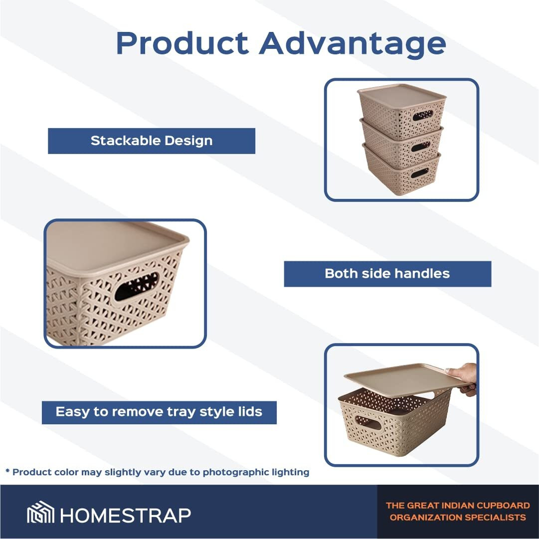 Homestrap Set Of 3 Plastic Storage Organizers/Baskets With Lid For Kitchen, Clothes, Multipurpose Vegetables, Toys, Books, Office, Stationery, Wardrobe(Small| Biscuit)