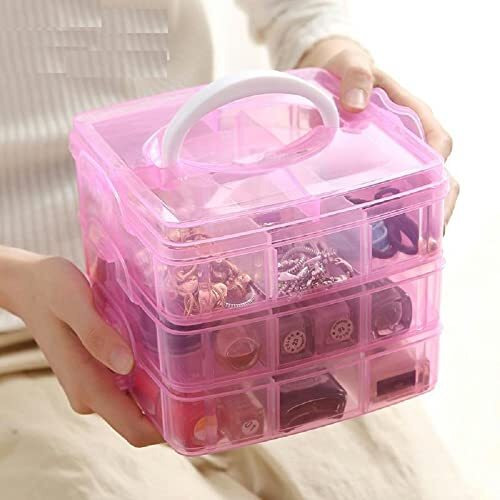 Herlike Jewellery Organisers Plastic 3 Layer 18 Grid Square Portable Transparent Storage Detachable Box Organizer Case For Jewelry Sewing Button Earrings Hair (Pink), 14.5 X 14.5 X 12.8 Centimeters