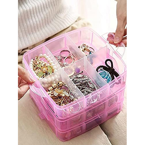 Herlike Jewellery Organisers Plastic 3 Layer 18 Grid Square Portable Transparent Storage Detachable Box Organizer Case For Jewelry Sewing Button Earrings Hair (Pink), 14.5 X 14.5 X 12.8 Centimeters