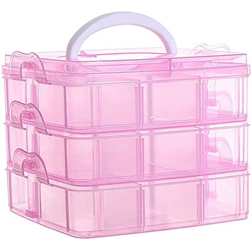Herlike Jewellery Organisers Plastic 3 Layer 18 Grid Square Portable Transparent Storage Detachable Box Organizer Case For Jewelry Sewing Button Earrings Hair (Pink), 14.5 X 14.5 X 12.8 Centimeters