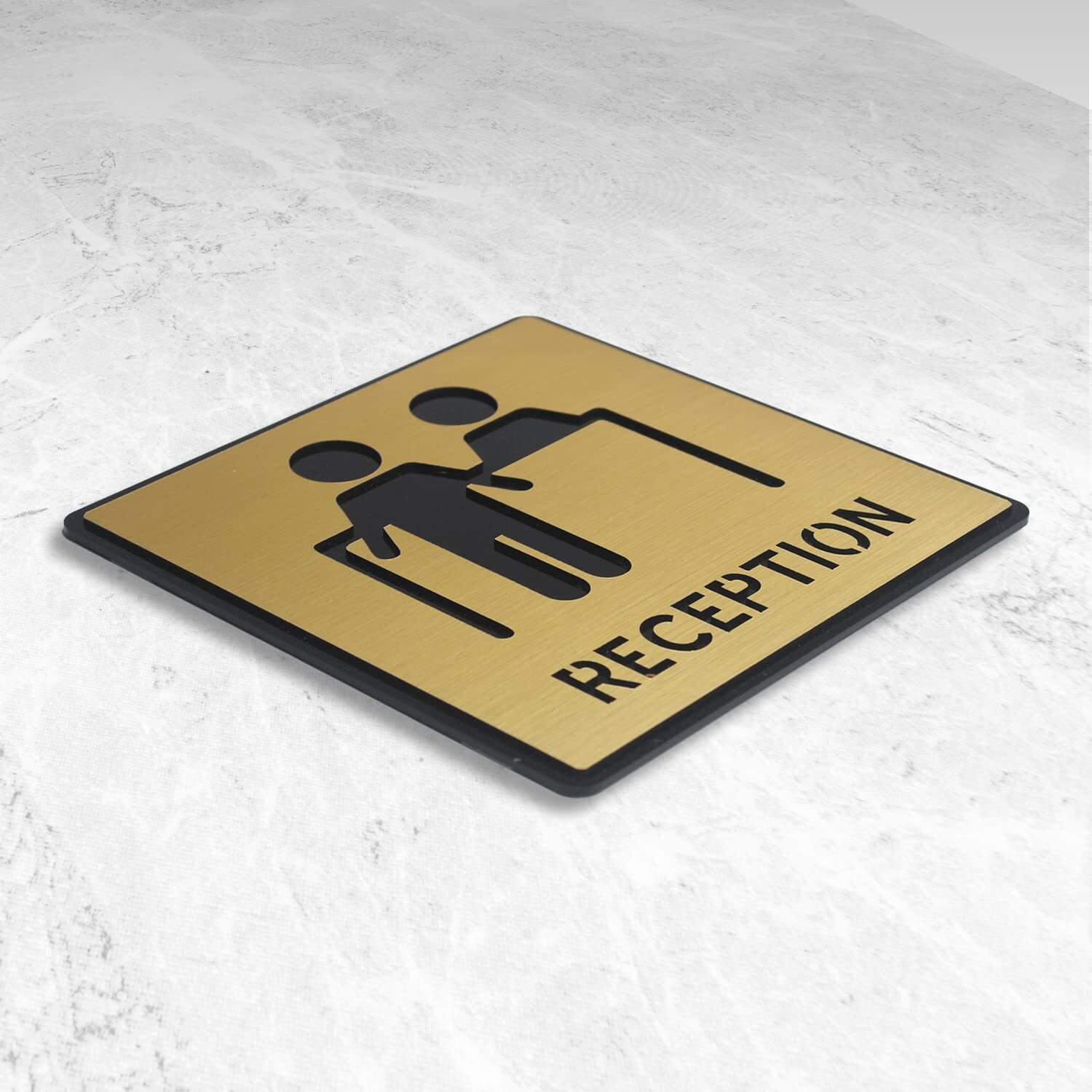 Vertical Root Inc Premium Brush Finish Gold Acrylic Reception Desk Door Sign Easy To Mount 3M Self-Adhesive Tape 5.8 Inch Signage For Resort Hotel Office Corporate Society Hospital Business