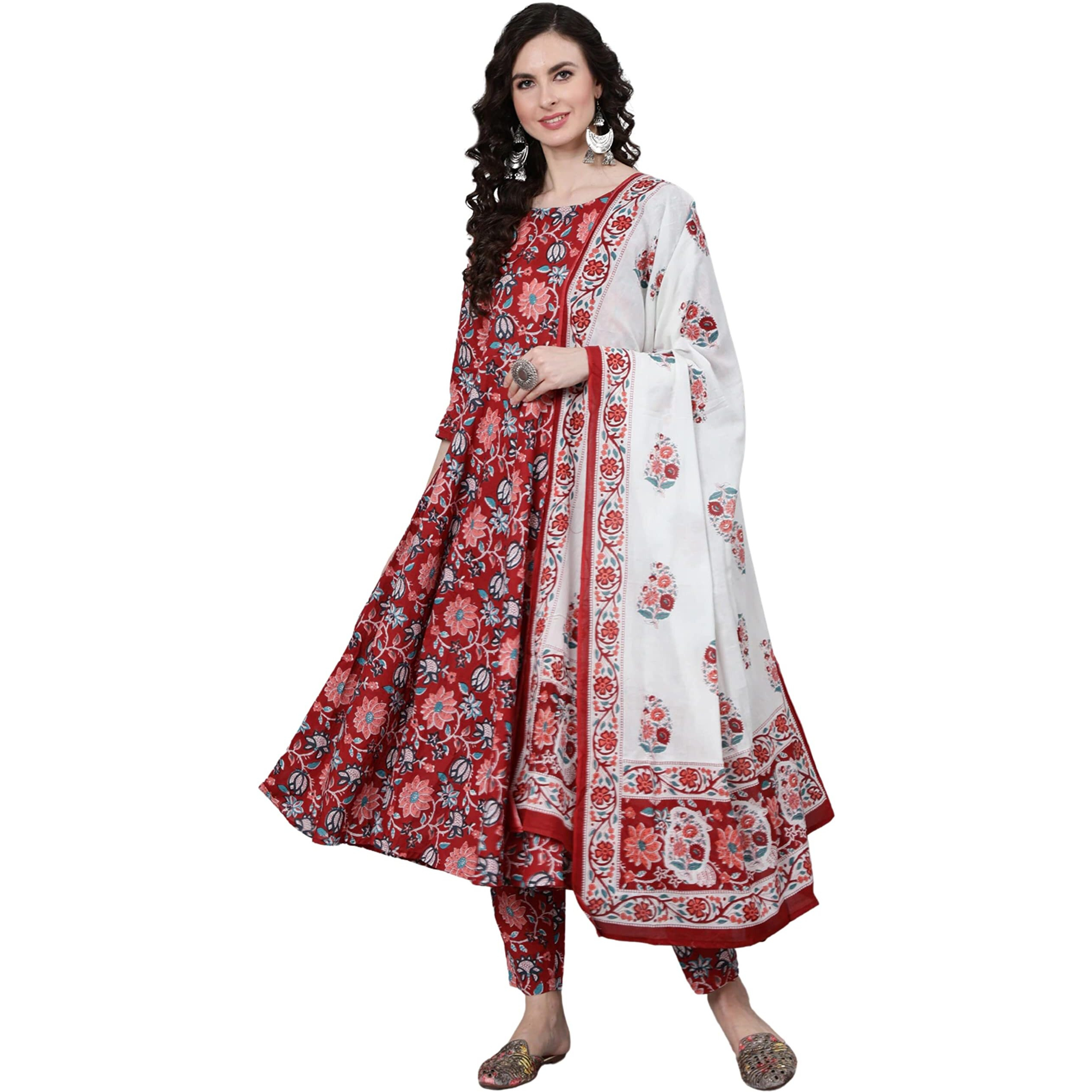 Amayra Women's Rayon Printed Anarkali Kurti With Palazzos And Dupatta Set(Maroon,S)