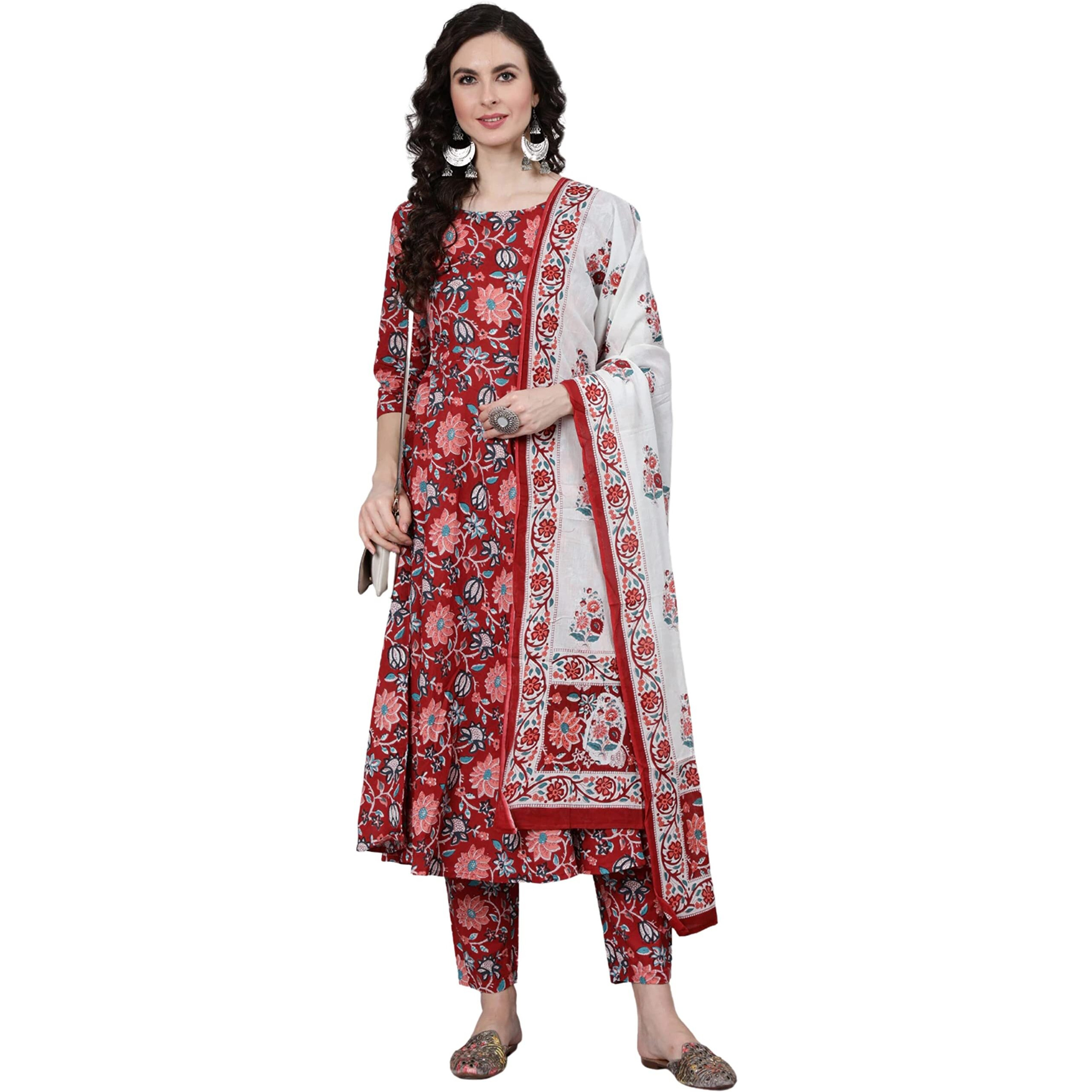 Amayra Women's Rayon Printed Anarkali Kurti With Palazzos And Dupatta Set(Maroon,S)