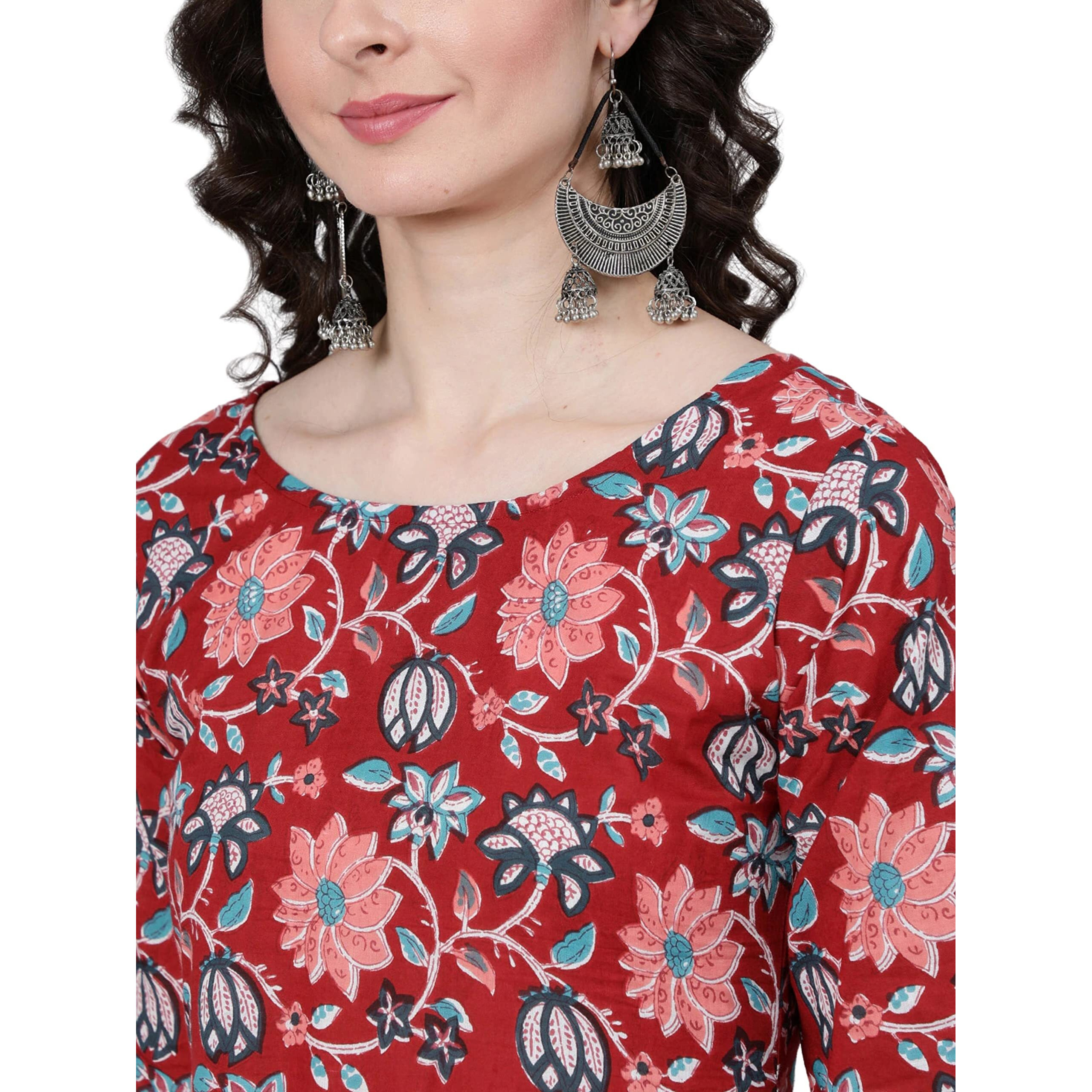 Amayra Women's Rayon Printed Anarkali Kurti With Palazzos And Dupatta Set(Maroon,S)