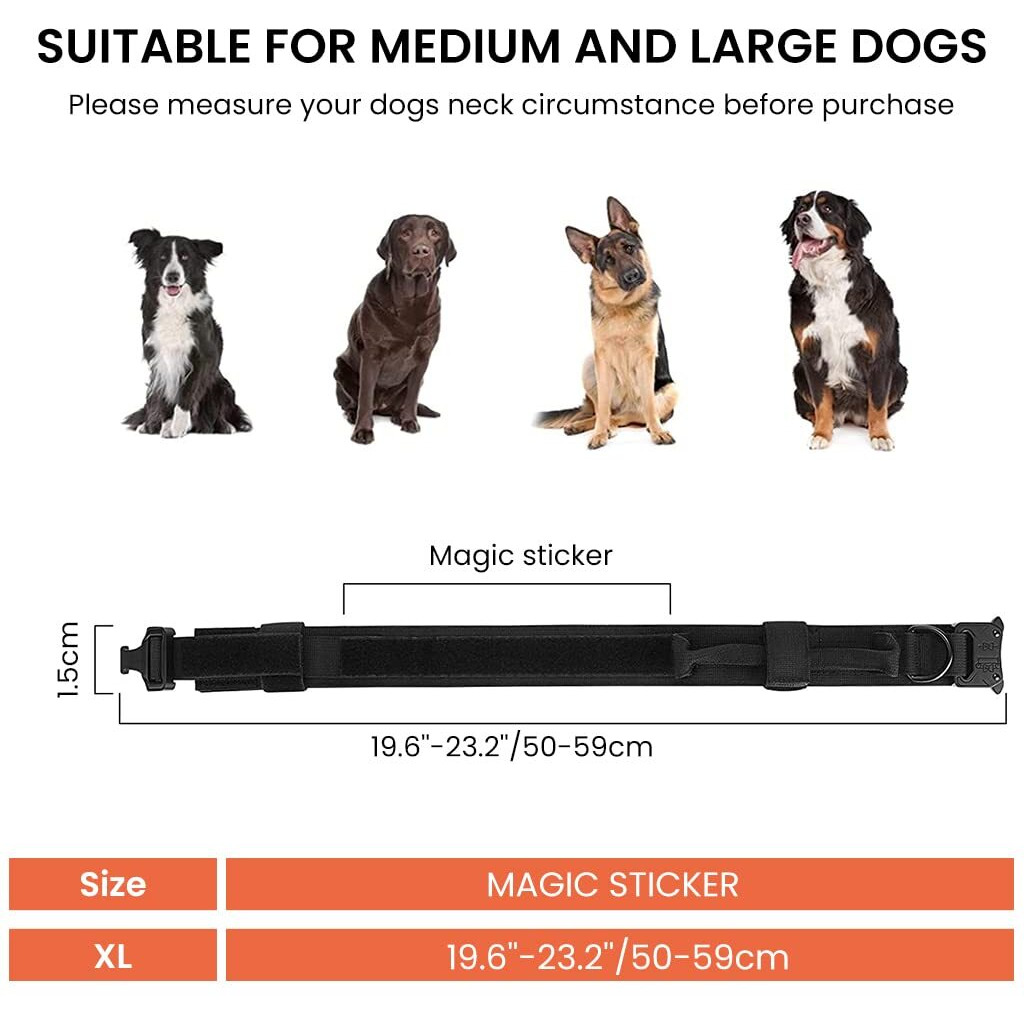 Qpets Dog Collar Adjustable Nylon Tactical Dog Collar With Strap Handle Dogs Training Collar Quick Release Metal Buckle For Small Medium Large Dogs(Black,Xl,19.6''-23.2''/50-59Cm)