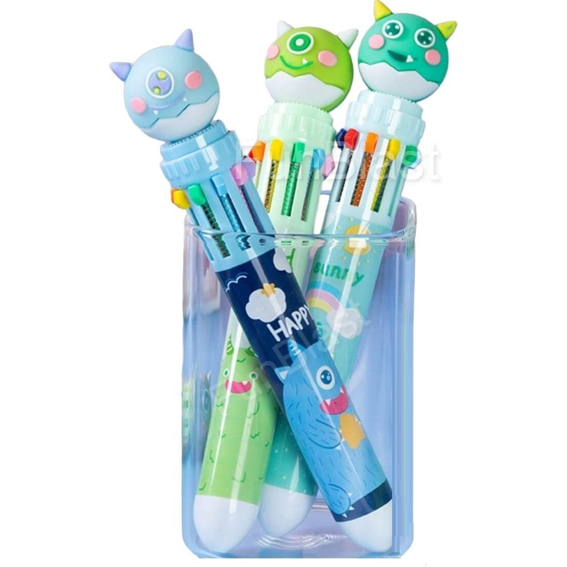 Funblast 10 In 1 Multicolor Pens For Kids Ball Pen Set For Kids - Pack Of 3 Pcs, Cartoon Pen For School & Office, Kawaii Ball, Aesthetic Pens Set, Kawaii Pens For Kids (Ink Color - 10 Colors)