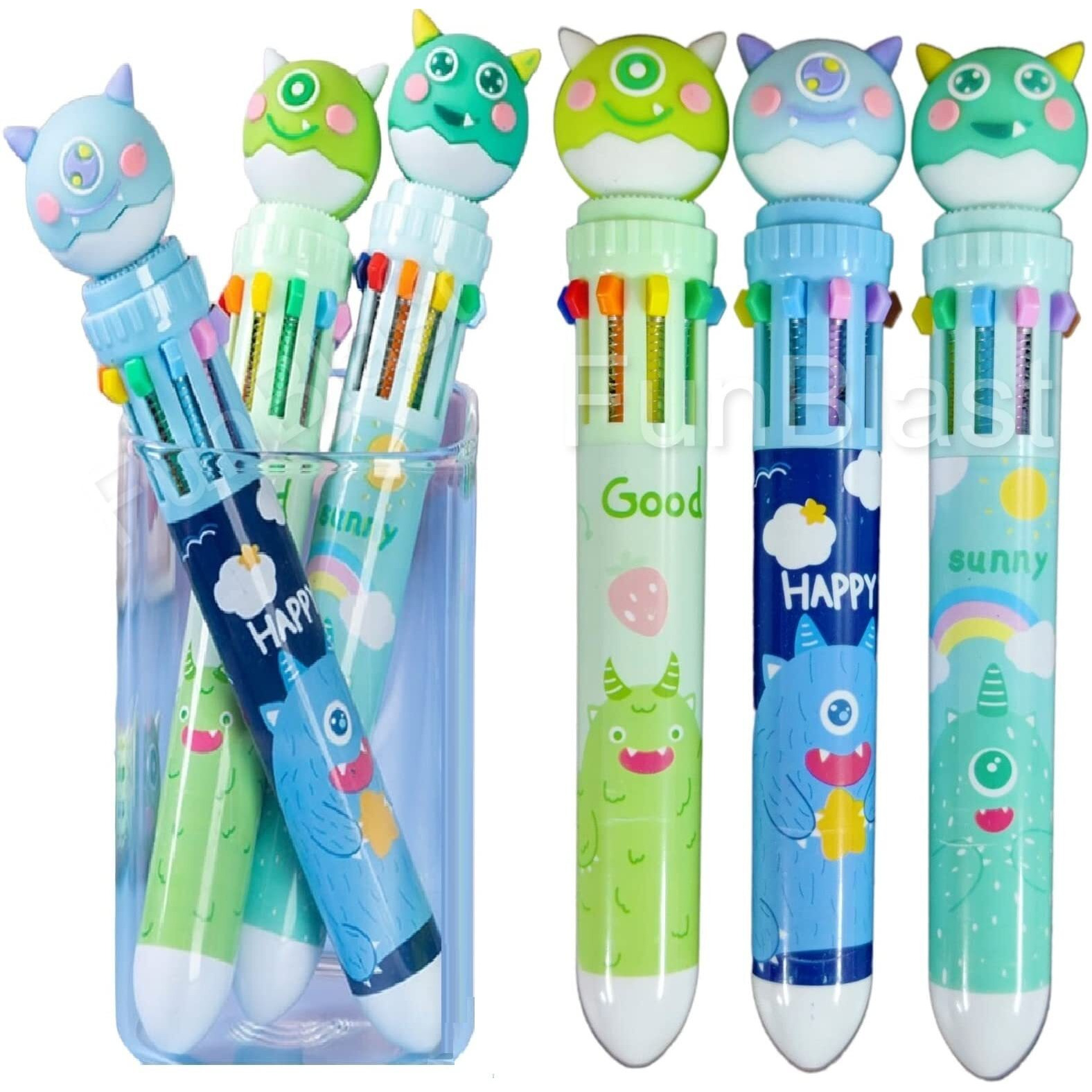 Funblast 10 In 1 Pens For Kids Blue Ball Pen Set For School & Office - Cartoon Pen For Office, School Stationery Items For Kids - Stationary Kit, Stationary Set, Birthday Return Gift (6-Unit)
