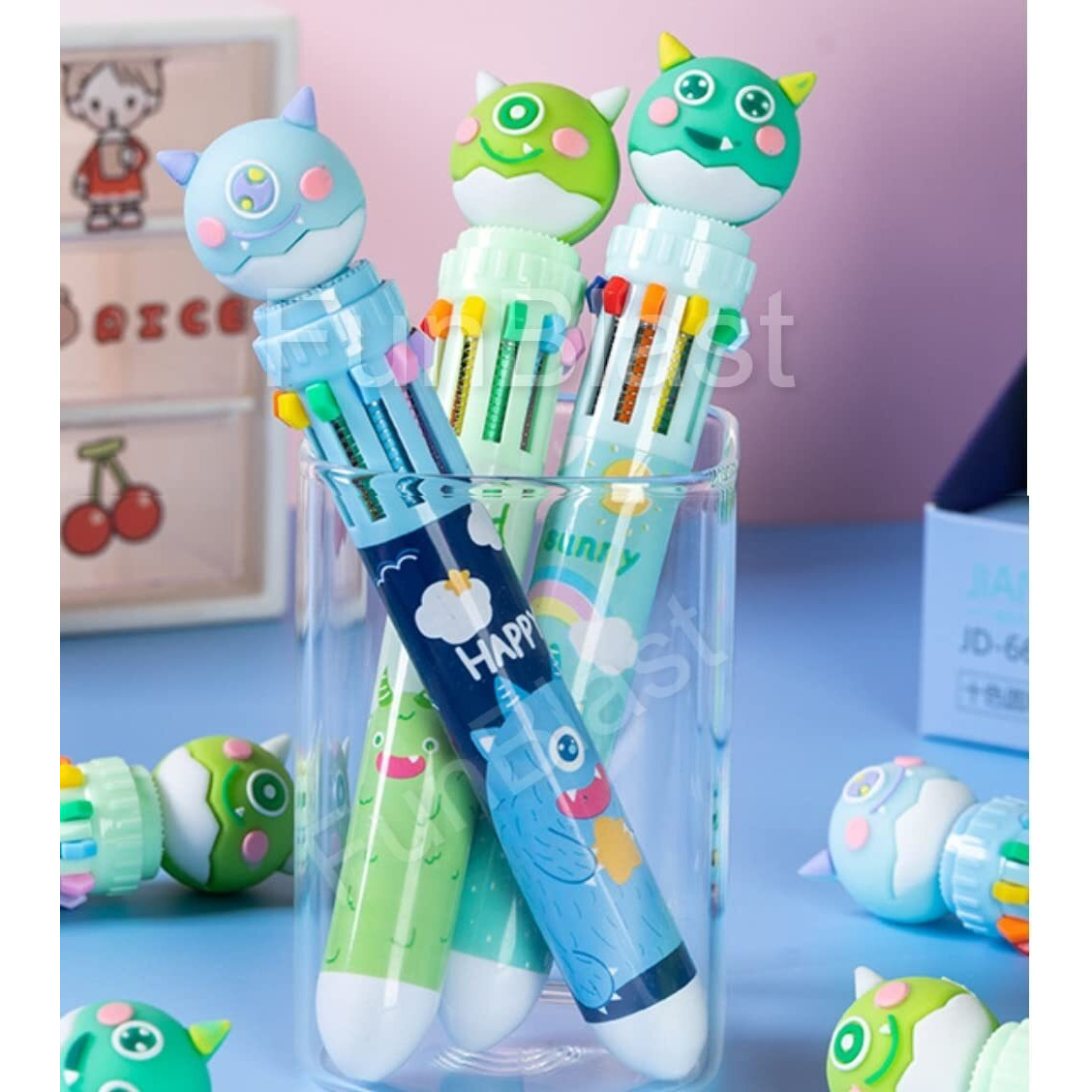 Funblast 10 In 1 Pens For Kids Blue Ball Pen Set For School & Office - Cartoon Pen For Office, School Stationery Items For Kids - Stationary Kit, Stationary Set, Birthday Return Gift (6-Unit)