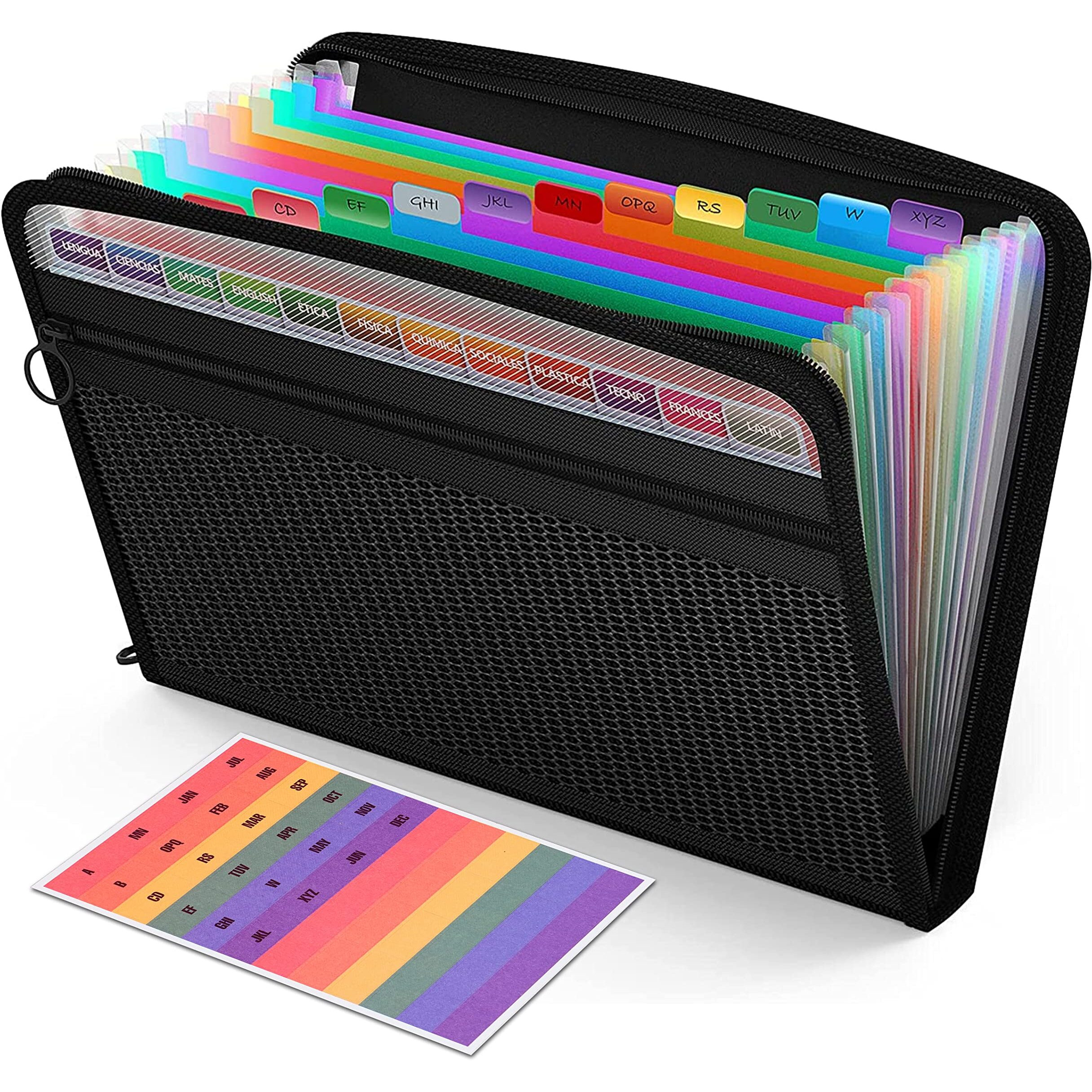 Nisun 13 Pocket Expanding File Folder With Sticky Labels, Letter/A4 Paper Accordion File, Document Organizer With Zipper Closure, Certificate File Holder For School Home Office (Black, 33 * 4 * 25Cm)