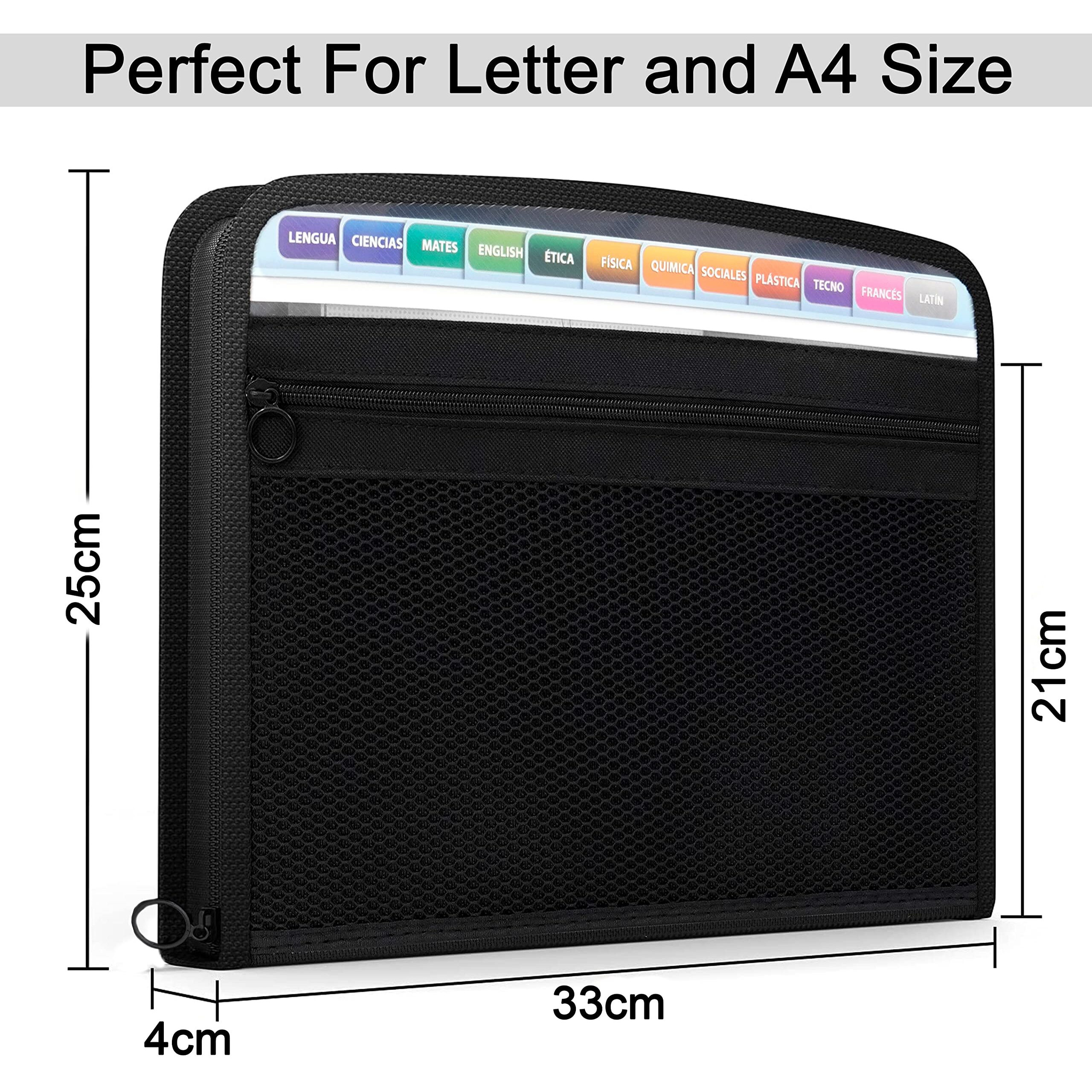 Nisun 13 Pocket Expanding File Folder With Sticky Labels, Letter/A4 Paper Accordion File, Document Organizer With Zipper Closure, Certificate File Holder For School Home Office (Black, 33 * 4 * 25Cm)