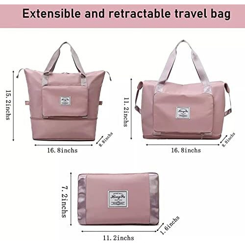 Lnt Nylon Large Capacity Folding Womens Travel Bag Travel Lightweight Waterproof Carry On Luggage Bags With Fixed Strap Dry & Wet Separation Foldable Duffel Bag Peach (Peach Pocket),55 Cms