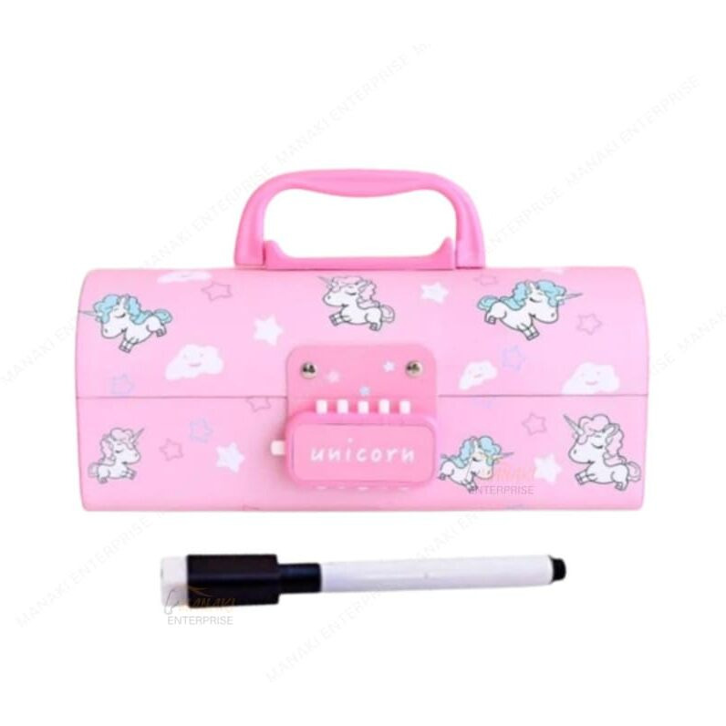 Manaki Enterprise Plastic Kids Pen&Pencil Box|Suitcase Style Password Lock Pencil Case,Multi-Layer Pencil Box,Boys,Girls,Stationary Organizer Case For Kids,Return Gift For Kids (Unicorn-Pink)