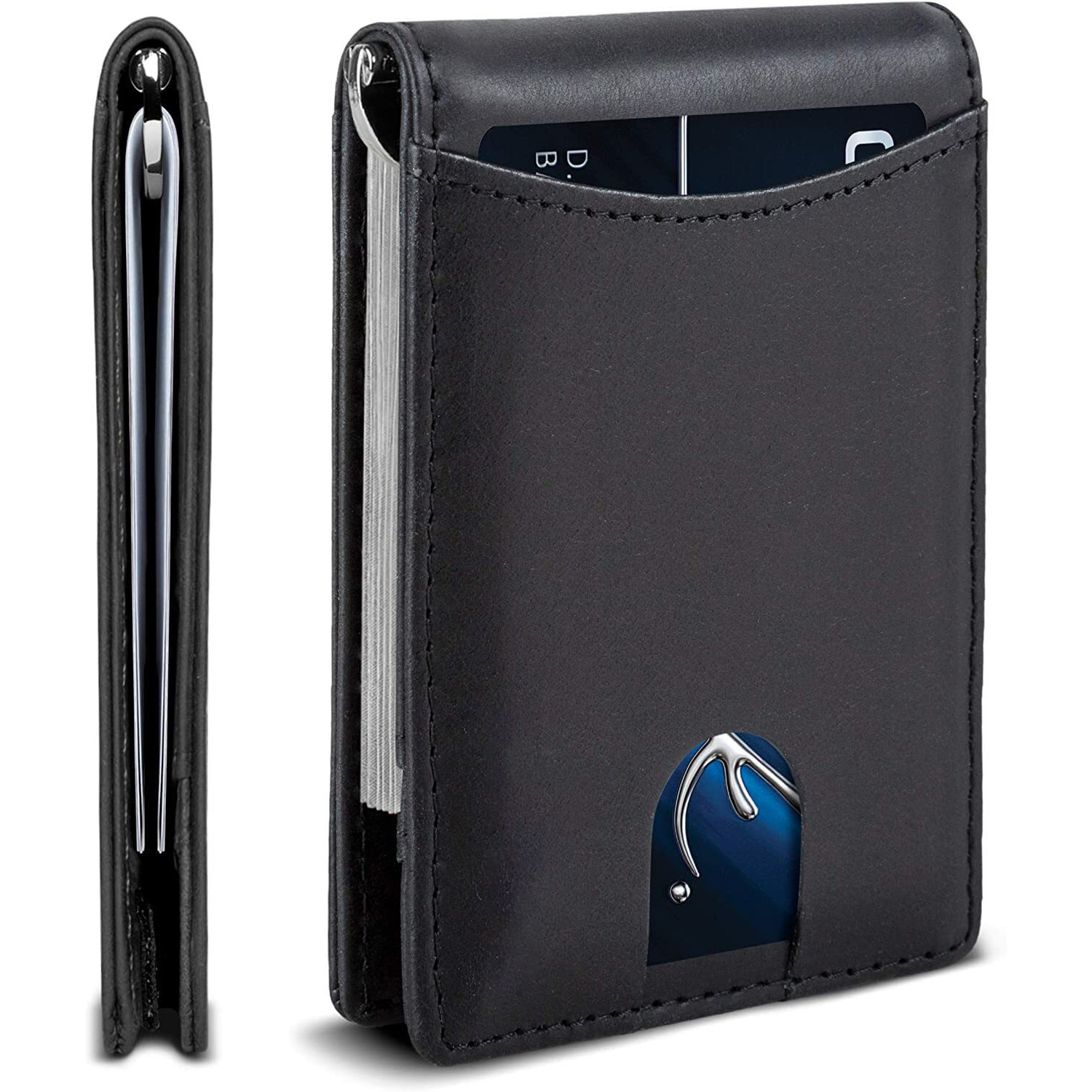 Contacts Genuine Leather Money Clip Wallet Slim Front Pocket Rfid Blocking Card Holder Minimalist Mini Bifold For Men's With Smart Pull Strap, 8 Card Slots, 1 Photo Id (Black)