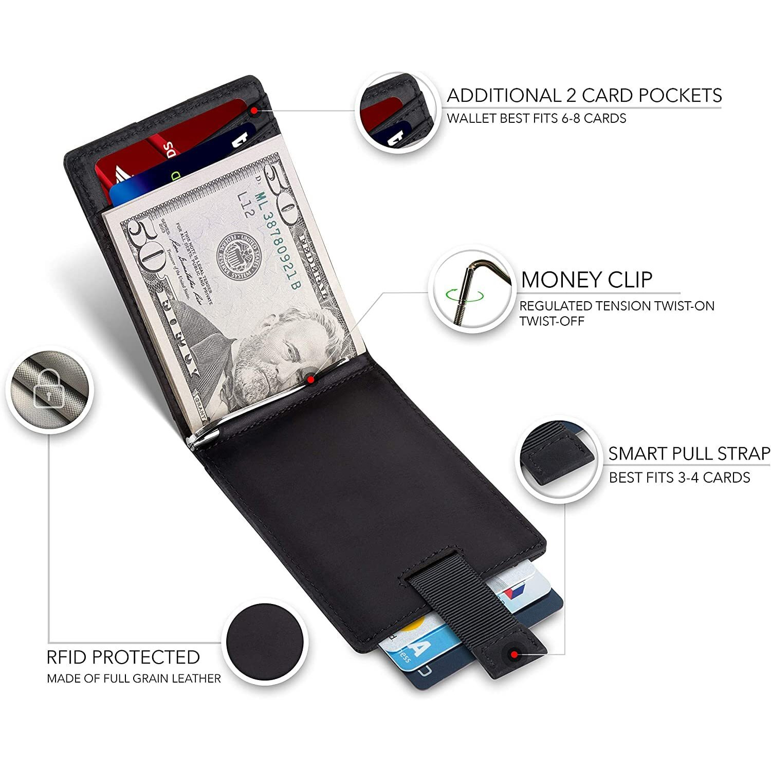 Contacts Genuine Leather Money Clip Wallet Slim Front Pocket Rfid Blocking Card Holder Minimalist Mini Bifold For Men's With Smart Pull Strap, 8 Card Slots, 1 Photo Id (Black)