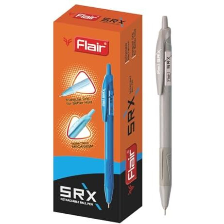Flair Srx 0.7Mm Retractable Ball Pen Wallet Pack | Triangular Body Design For Better Grip | Light Weight Refillable | Smooth Writing Experience | Vibrant Solid Body Colours | Blue Ink, Set Of 10 Pens