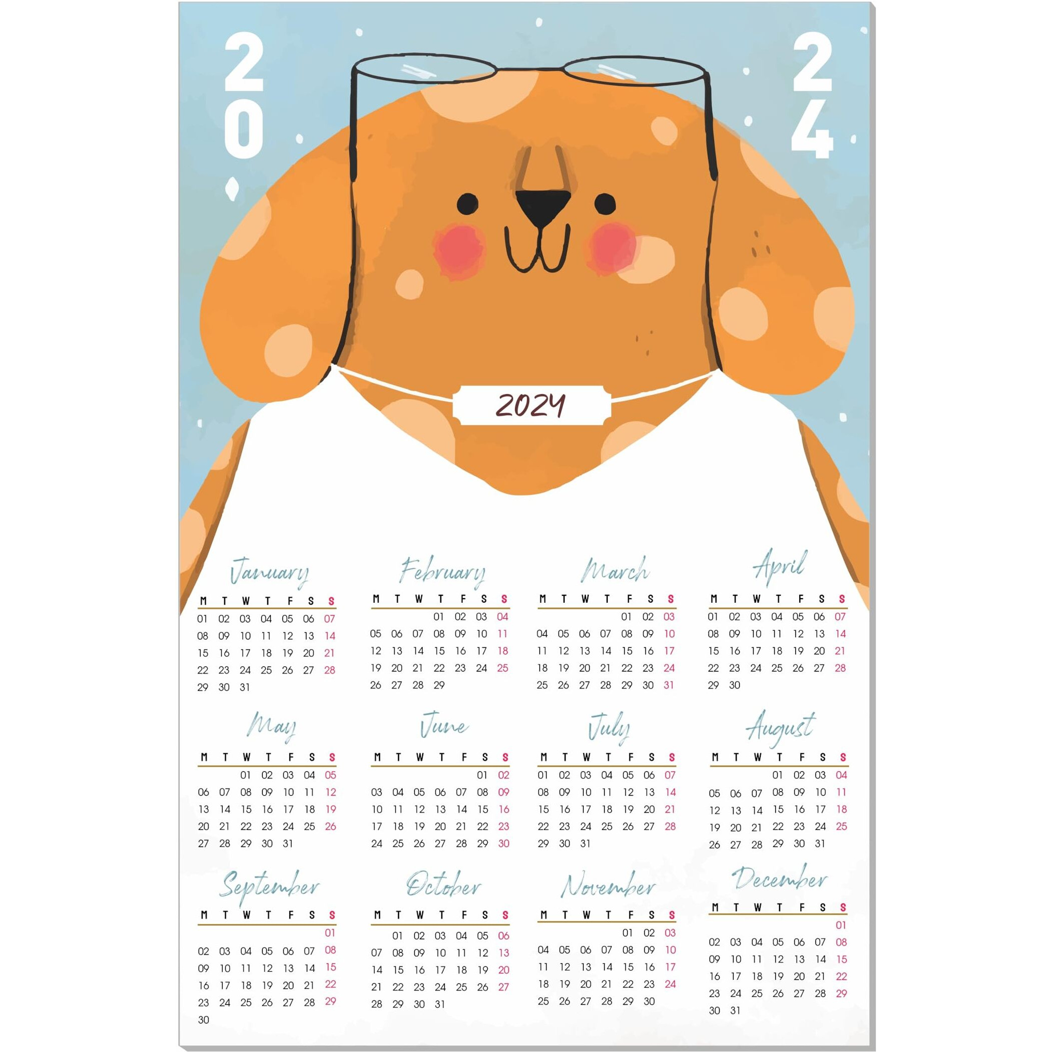 Escaper Teddy Bear Theme Wall Calendar 2024 For Wall Single Page Yearly Wall Hanging Easy Application Perfect New Year Gift (Pack Of 2 Units)
