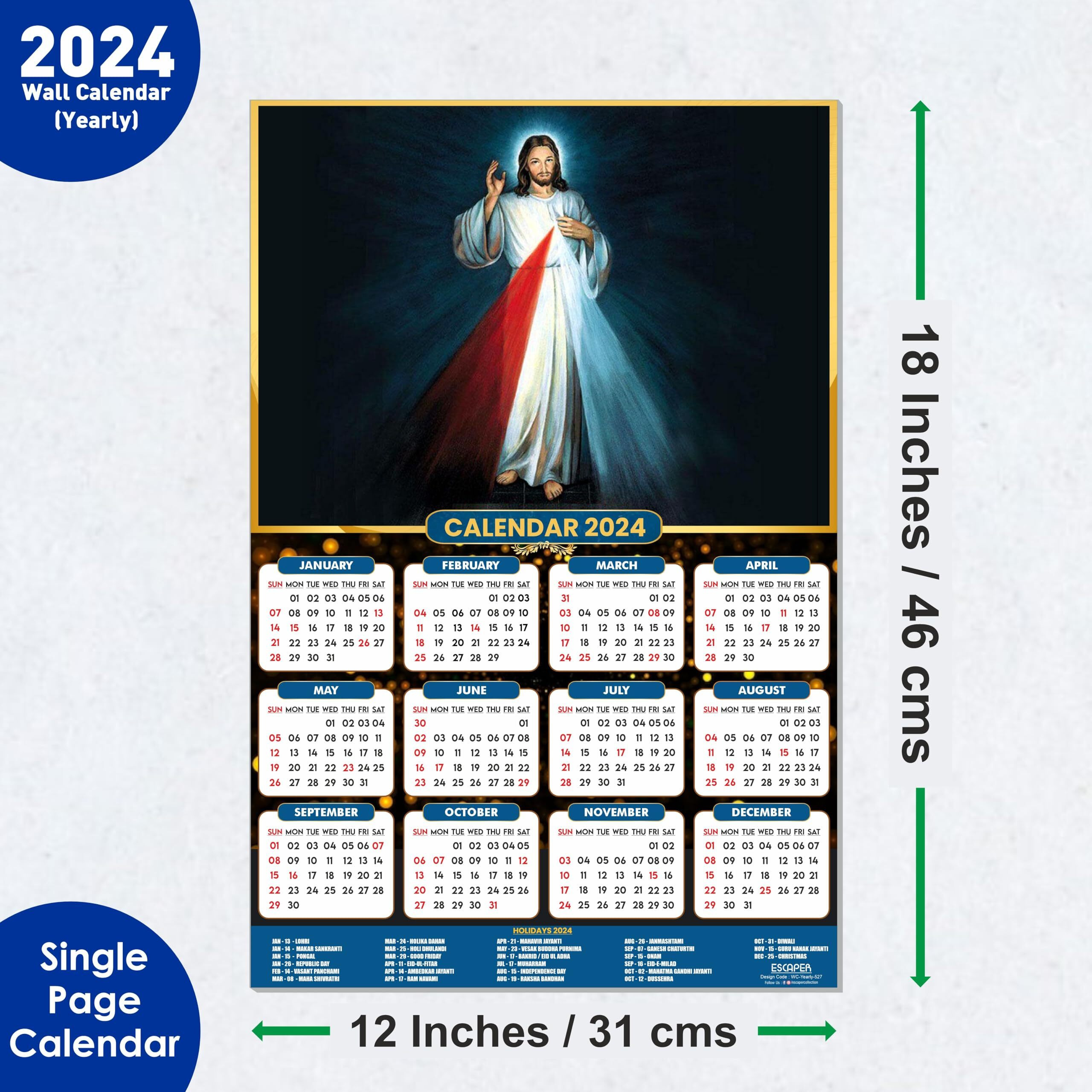 Escaper Jesus Christ Calendar 2024 For Wall Single Page Yearly Wall Hanging Easy Application Perfect New Year Gift (Pack Of 2 Units)