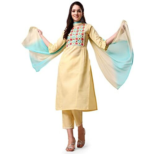 Ethnicjunction Women's Embroidered Thread Work Cotton Blend Straight Kurta With Pant With Ombre Dupatta Set (Skd3-Monali-Yellow_M_Yellow)