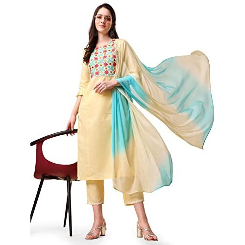 Ethnicjunction Women's Embroidered Thread Work Cotton Blend Straight Kurta With Pant With Ombre Dupatta Set (Skd3-Monali-Yellow_M_Yellow)