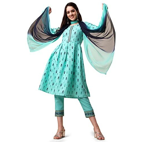 Ethnicjunction Women's Ikat Print Cotton Blend Straight Kurta Pant With Ombre Dupatta Set (Skd2-Masti-Sky_L_Sky Blue)