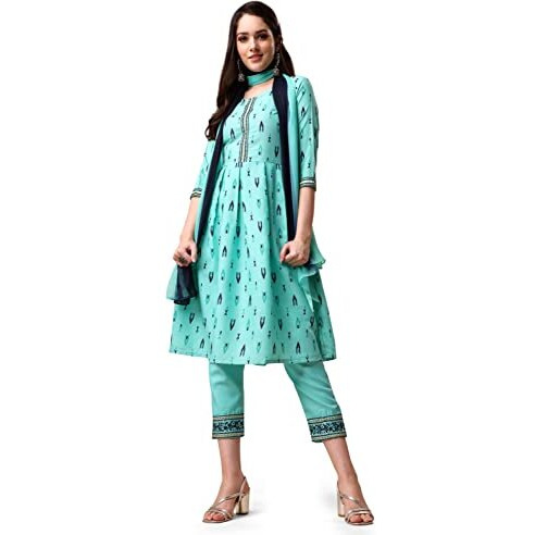 Ethnicjunction Women's Ikat Print Cotton Blend Straight Kurta Pant With Ombre Dupatta Set (Skd2-Masti-Sky_L_Sky Blue)