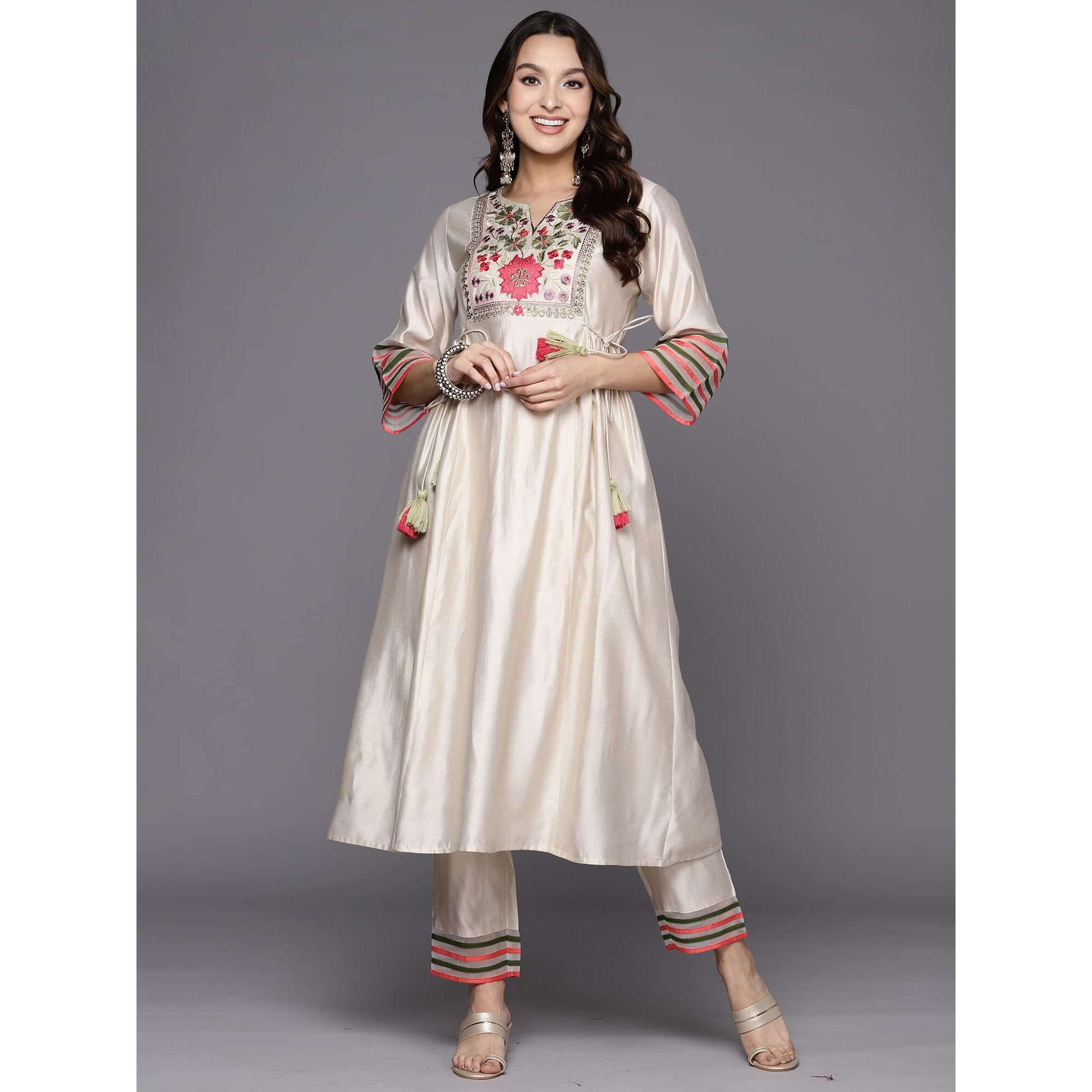 Indo Era Rayon Women's Liva Embroidered A-Line Kurta Set (Ks9Wh4918Xxl_White_2Xl-Size, Regular Fit)