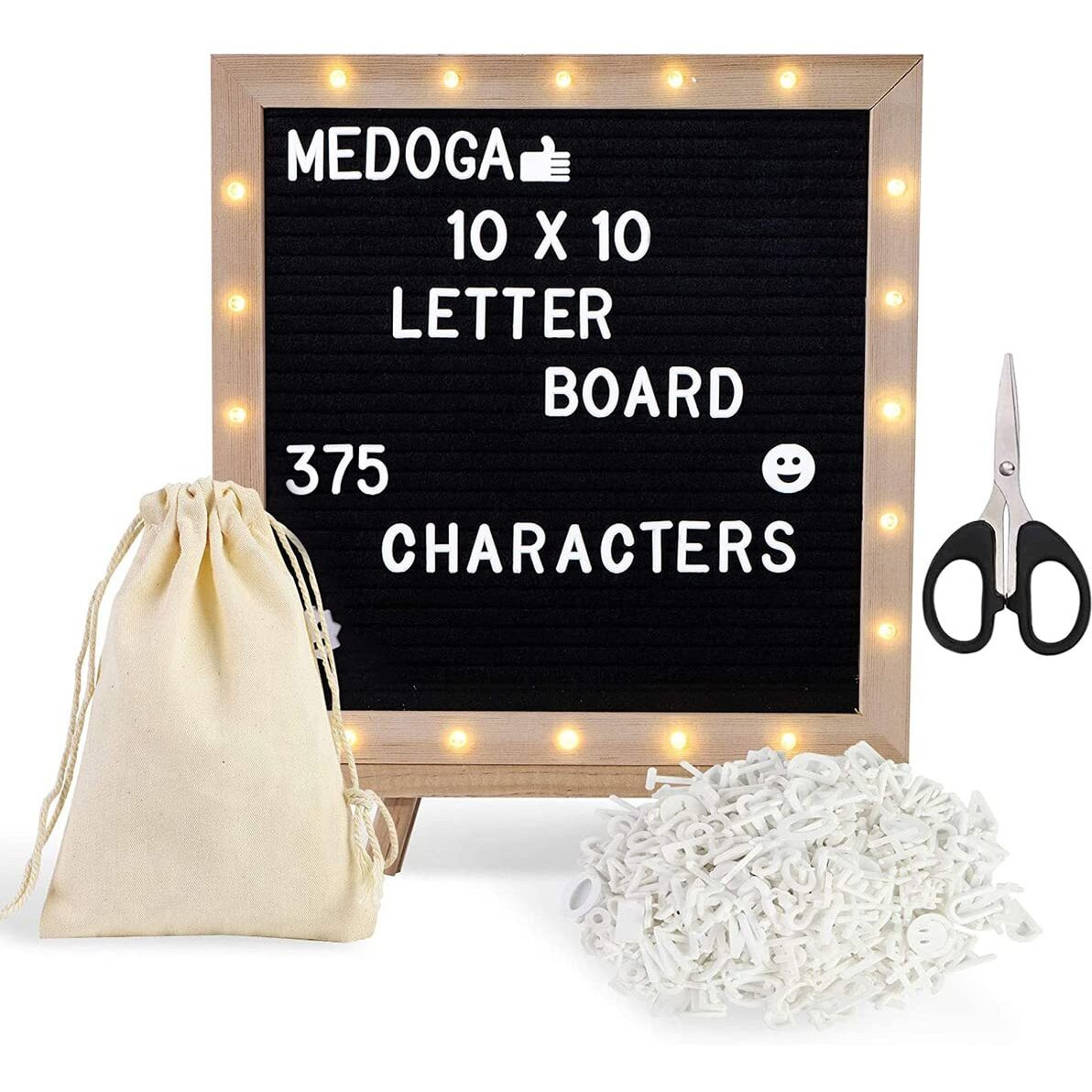 Climberty 10X10 Inches Felt Letter Board With Led Lights For Sign Message, Announcement, Wall Decor, Changeable Message Board With Stand, 340 White Letters & Symbols, Scissors And Drawstring Bag