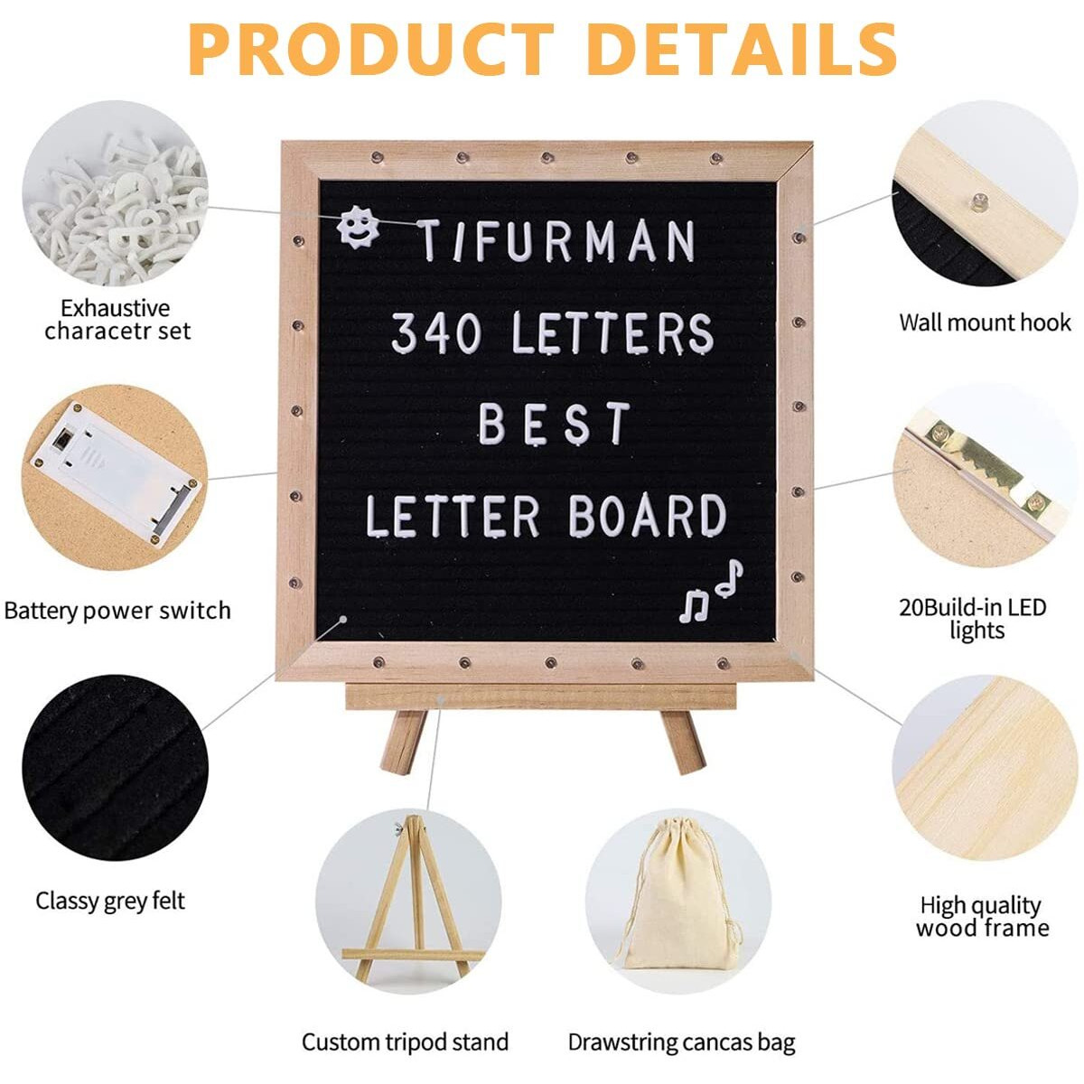 Climberty 10X10 Inches Felt Letter Board With Led Lights For Sign Message, Announcement, Wall Decor, Changeable Message Board With Stand, 340 White Letters & Symbols, Scissors And Drawstring Bag