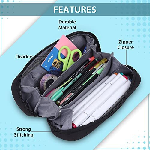 Wooum Wide Opening Pencil Bag, Pen Pouch, Pen Bag, Pencil Holder, School Supplies Stationary Bag Big Capacity (Black)