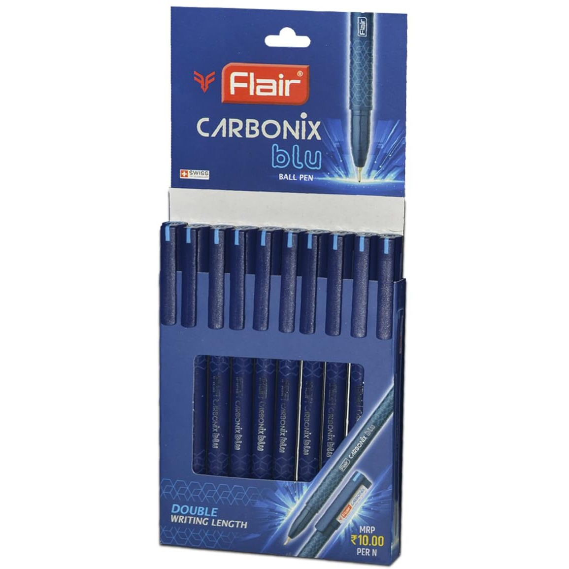 Flair Carbonix Blu Ball Pen Wallet Pack | 0.7 Mm Tip Size | Low-Viscosity Ink With Double Writing Length | Smudge Free Writing, Attractive Body Graphics | Blue Ink, Pack Of 10 Pens