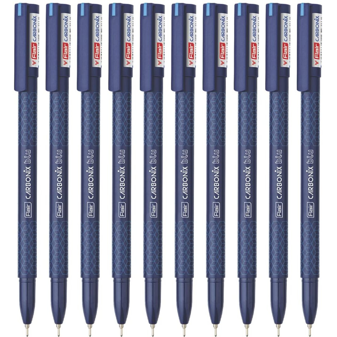 Flair Carbonix Blu Ball Pen Wallet Pack | 0.7 Mm Tip Size | Low-Viscosity Ink With Double Writing Length | Smudge Free Writing, Attractive Body Graphics | Blue Ink, Pack Of 10 Pens