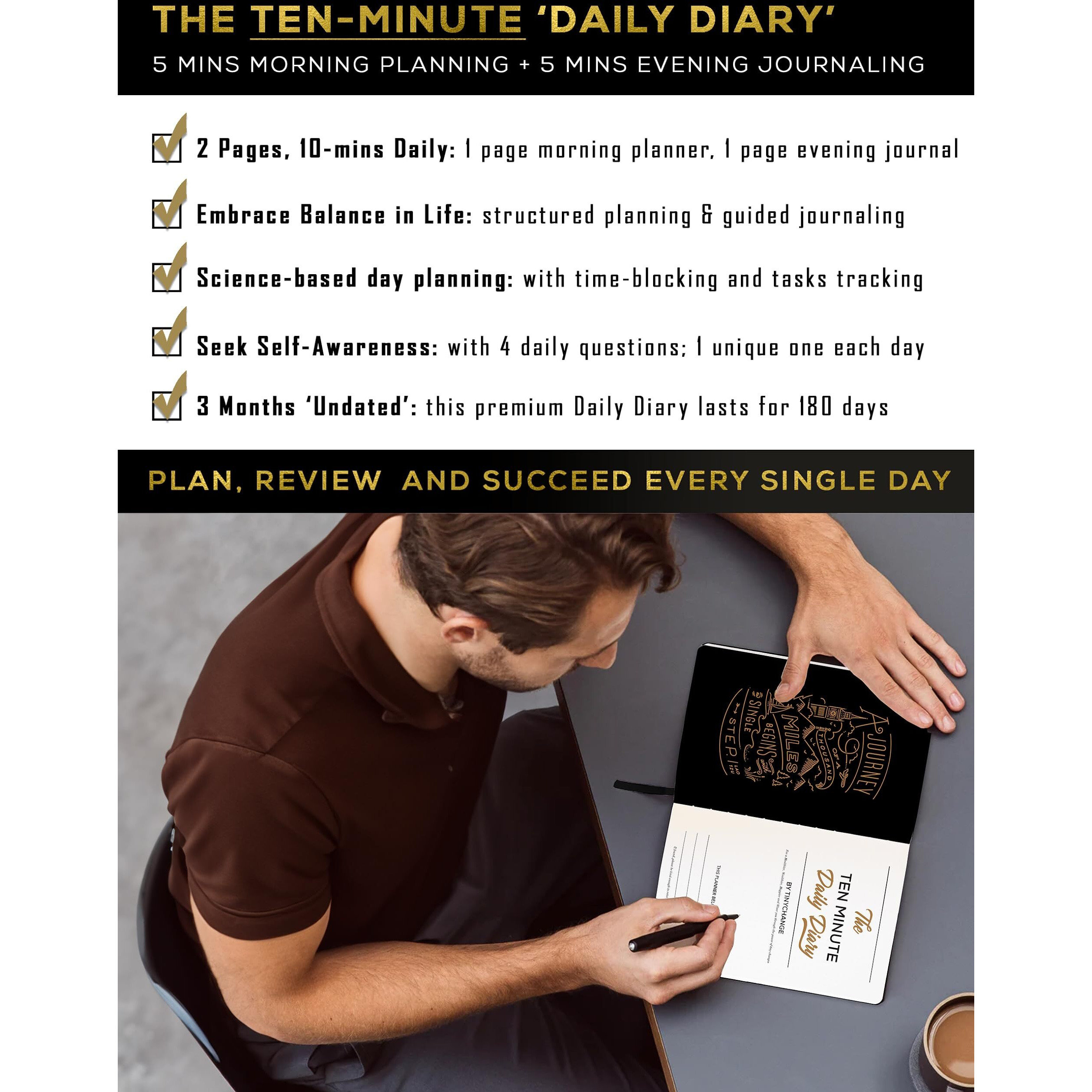 Tinychange 10-Min Daily Diary | 2 Pages-A-Day For 3 Months | Plan 5Mins In Morning + Journal 5Mins In The Night | Productivity Planner & Mindfulness Organizer | Free 400 Stickers