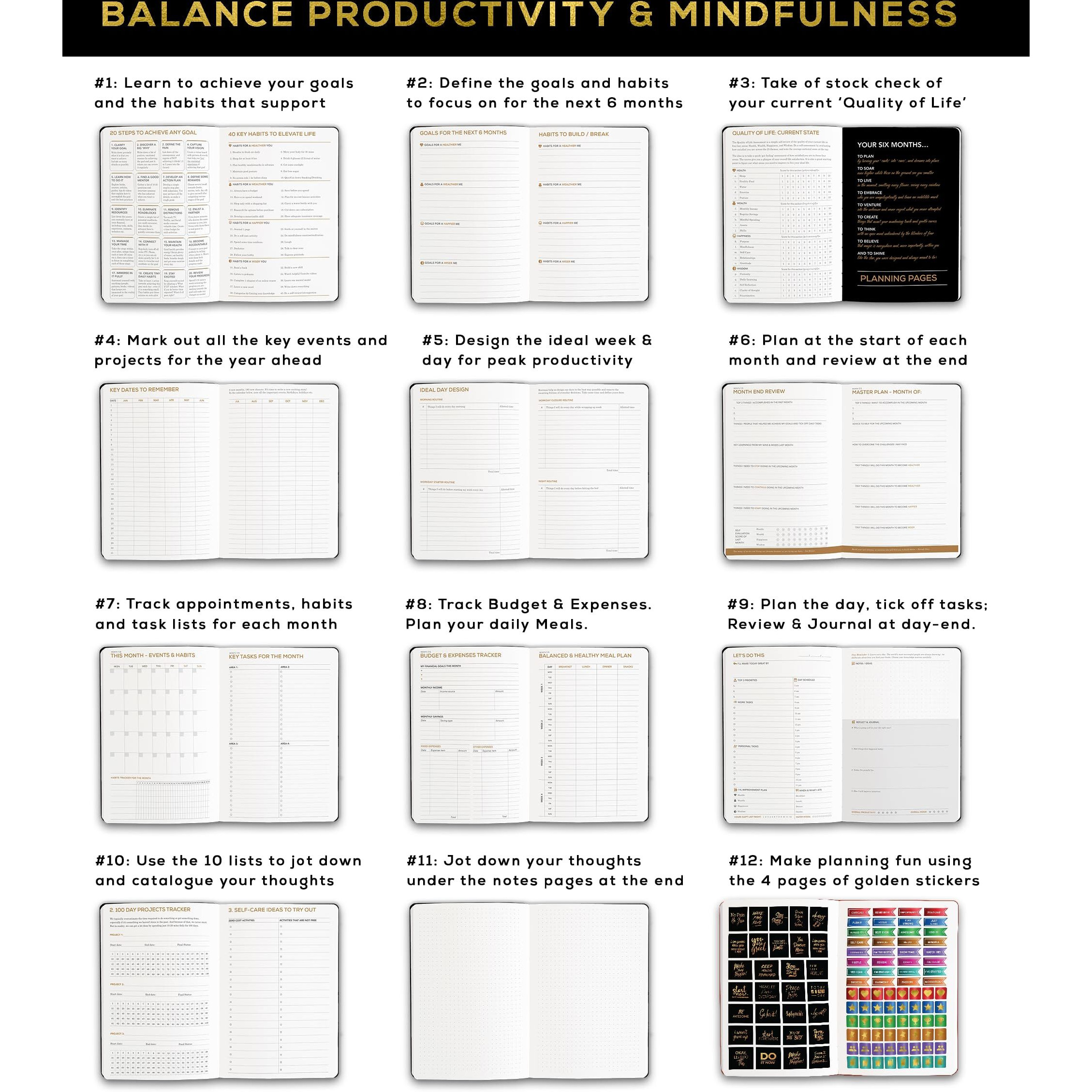 Tinychange 10-Min Daily Diary | 2 Pages-A-Day For 3 Months | Plan 5Mins In Morning + Journal 5Mins In The Night | Productivity Planner & Mindfulness Organizer | Free 400 Stickers