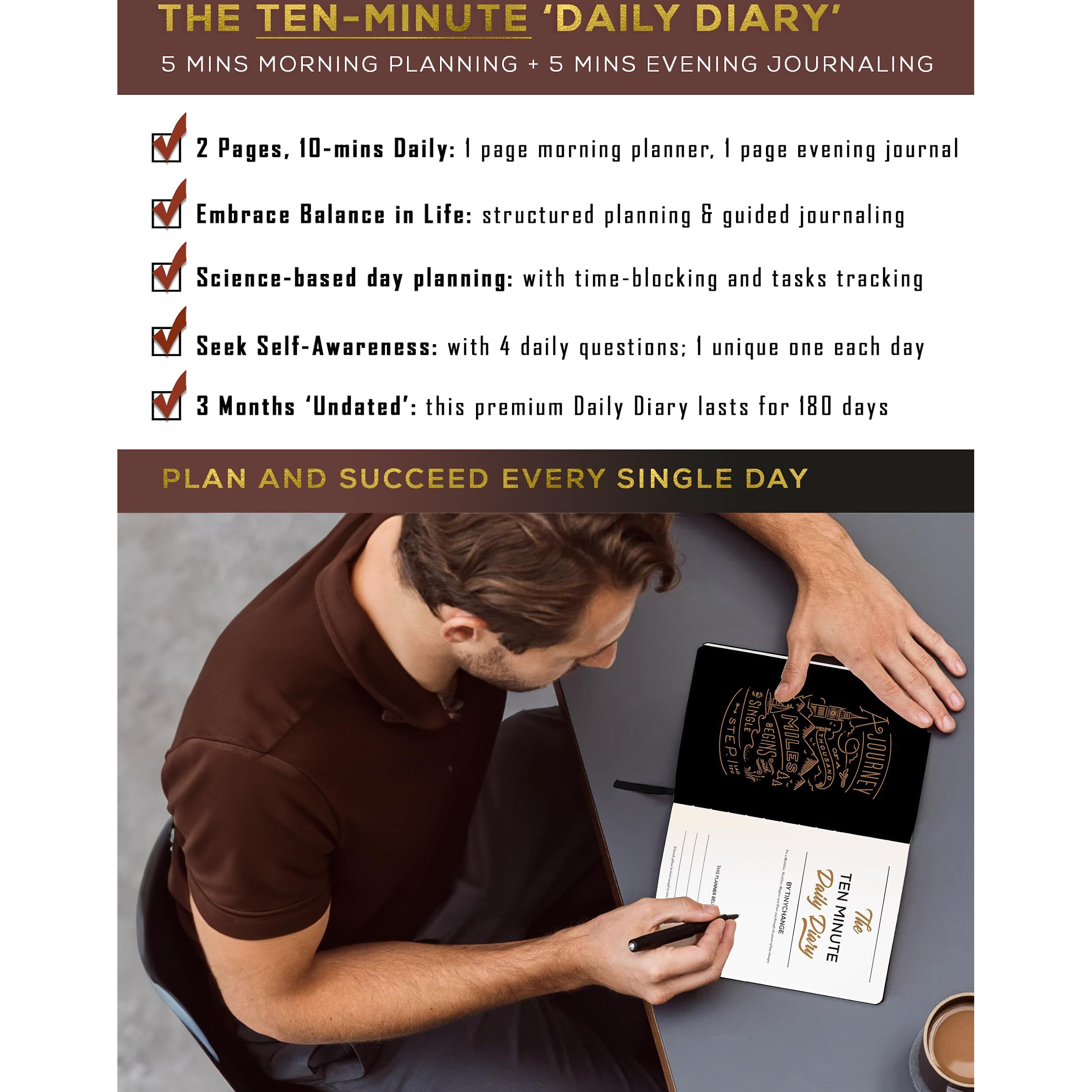 Tinychange 10-Min Daily Diary | 2 Pages-A-Day For 3 Months | Plan 5Mins In Morning + Journal 5Mins In The Night | Productivity Planner & Mindfulness Organizer | Free 400 Stickers