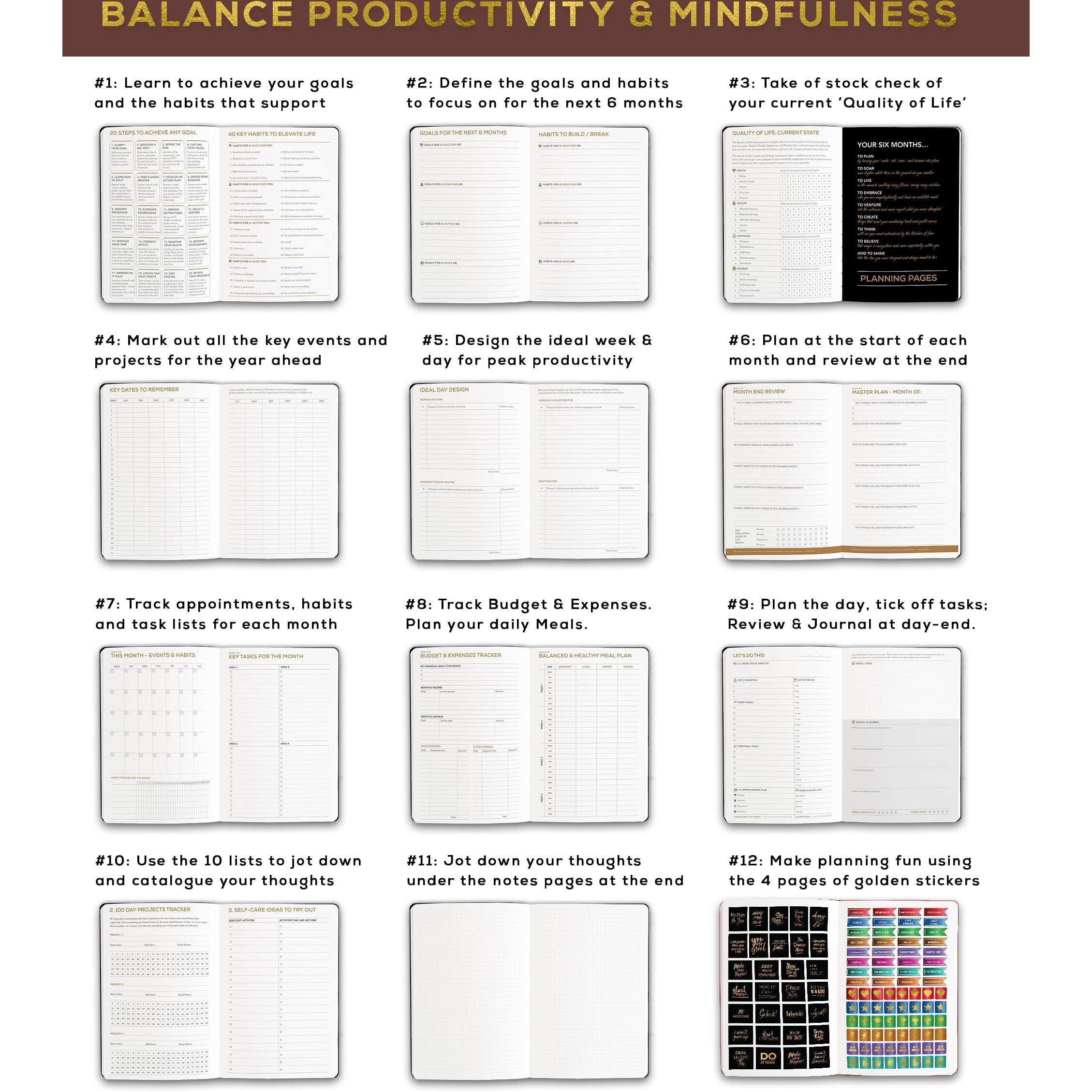 Tinychange 10-Min Daily Diary | 2 Pages-A-Day For 3 Months | Plan 5Mins In Morning + Journal 5Mins In The Night | Productivity Planner & Mindfulness Organizer | Free 400 Stickers