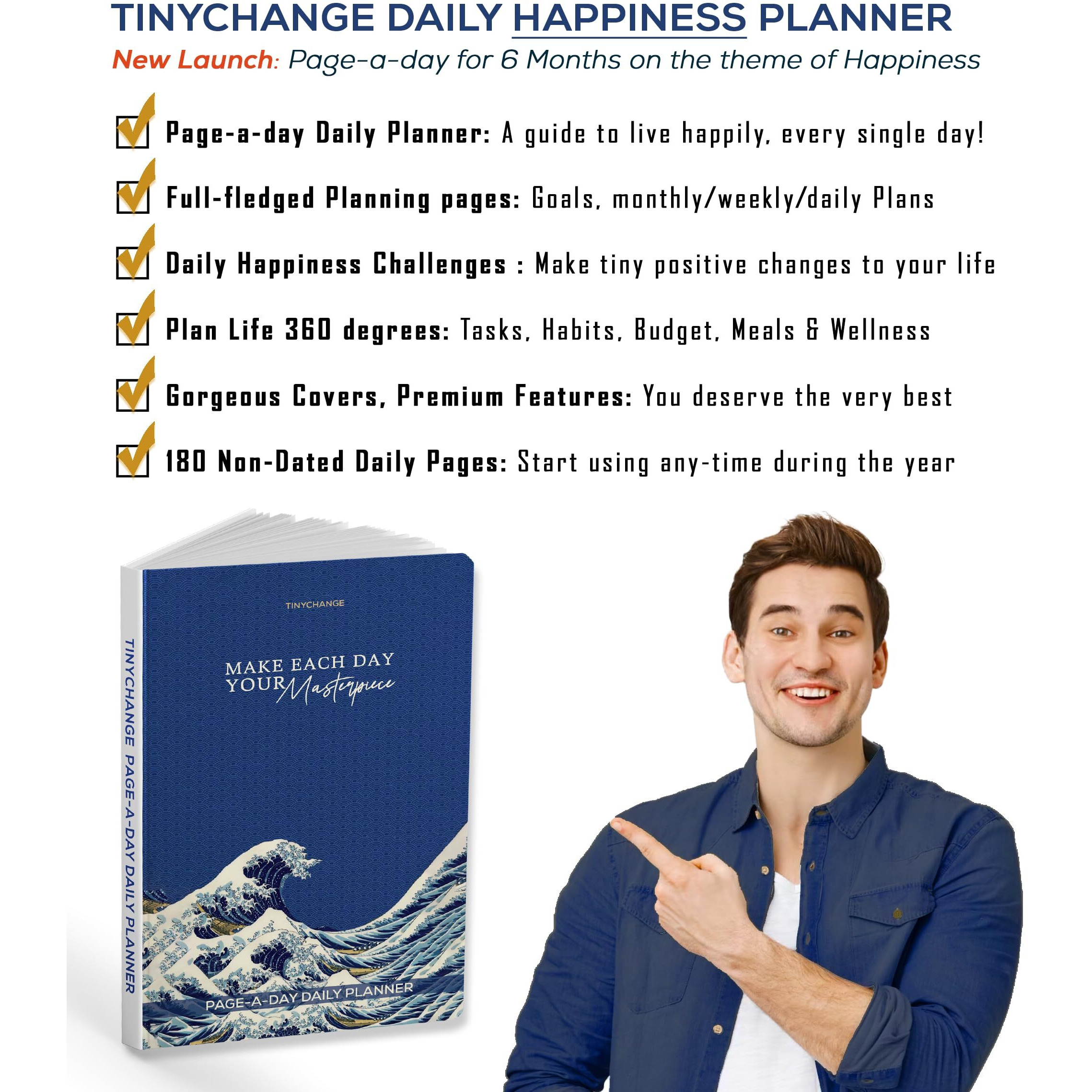 Tinychange Daily Happiness Life Planner | Undated Page-A-Day For 6 Months | Productivity Diary & Mindfulness Organizer | To-Do List & Appointment Schedule | Hardcover A5 Size | Free 400 Stickers