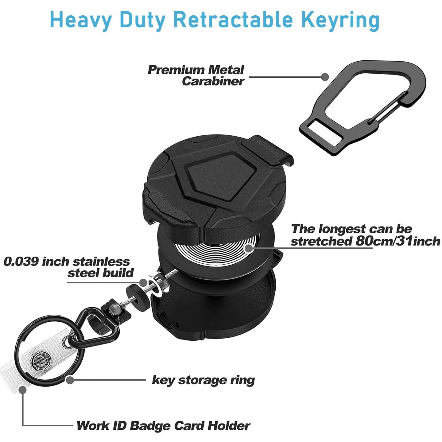 Heavy Duty Retractable Keychain With Carabiner, Retractable Id Badge Holder Clip Retractable Badge Reel With 31.7 Inch Steel Retractable Cord, Multitool Carabiner Anti-Lost Key Chain Holder