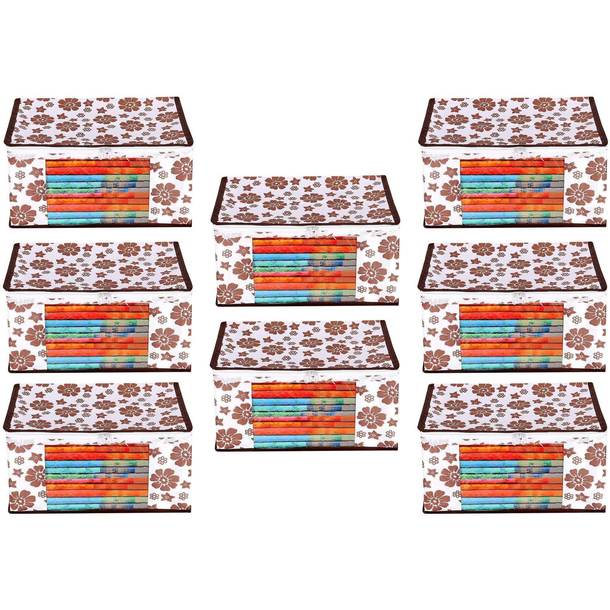 Acnos Premium Brand Metalic Brown Design White Chain 12 Piece Non Woven Large Size Saree Cloth Cover Set Pack Of 8