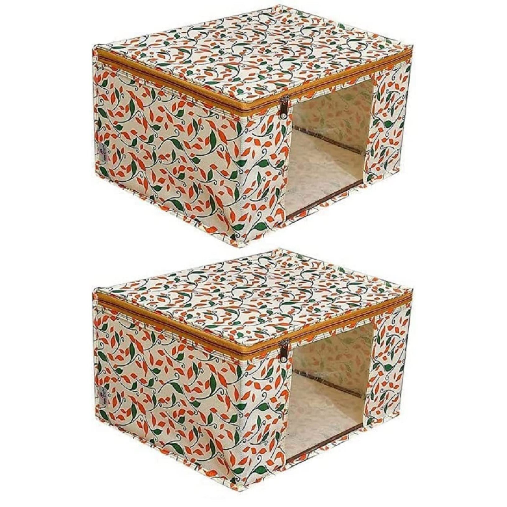 Acnos Non-Woven Premium Brand Metalic Green Orange Beige Design Yellow Chain 12 Piece Non Woven Large Size Saree Cloth Cover Set Pack Of 2