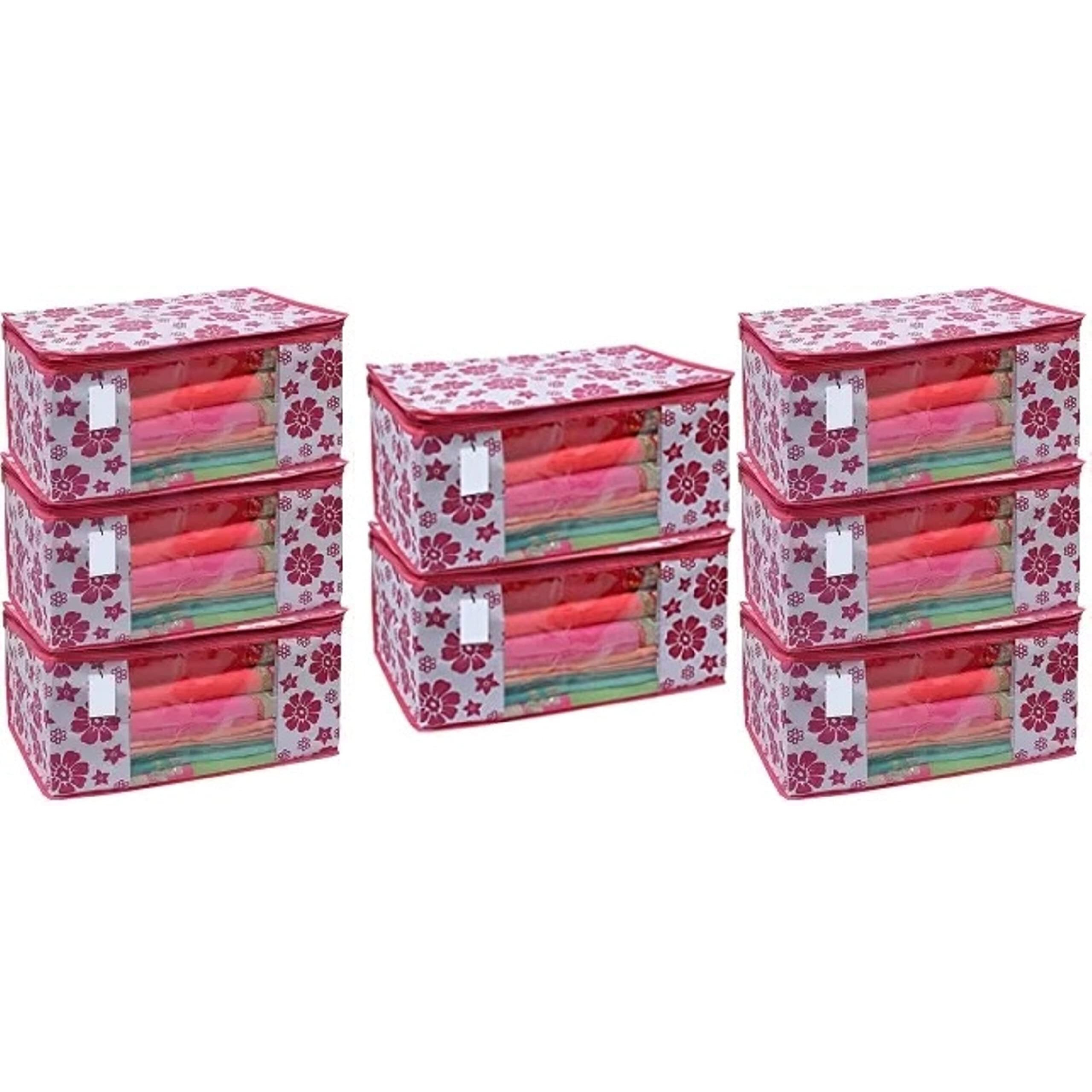 Acnos Premium Brand Metalic Pink Chain Flower Design 8 Piece Non Woven Large Size Saree Cloth Cover Set Pack Of 8 Pink And White