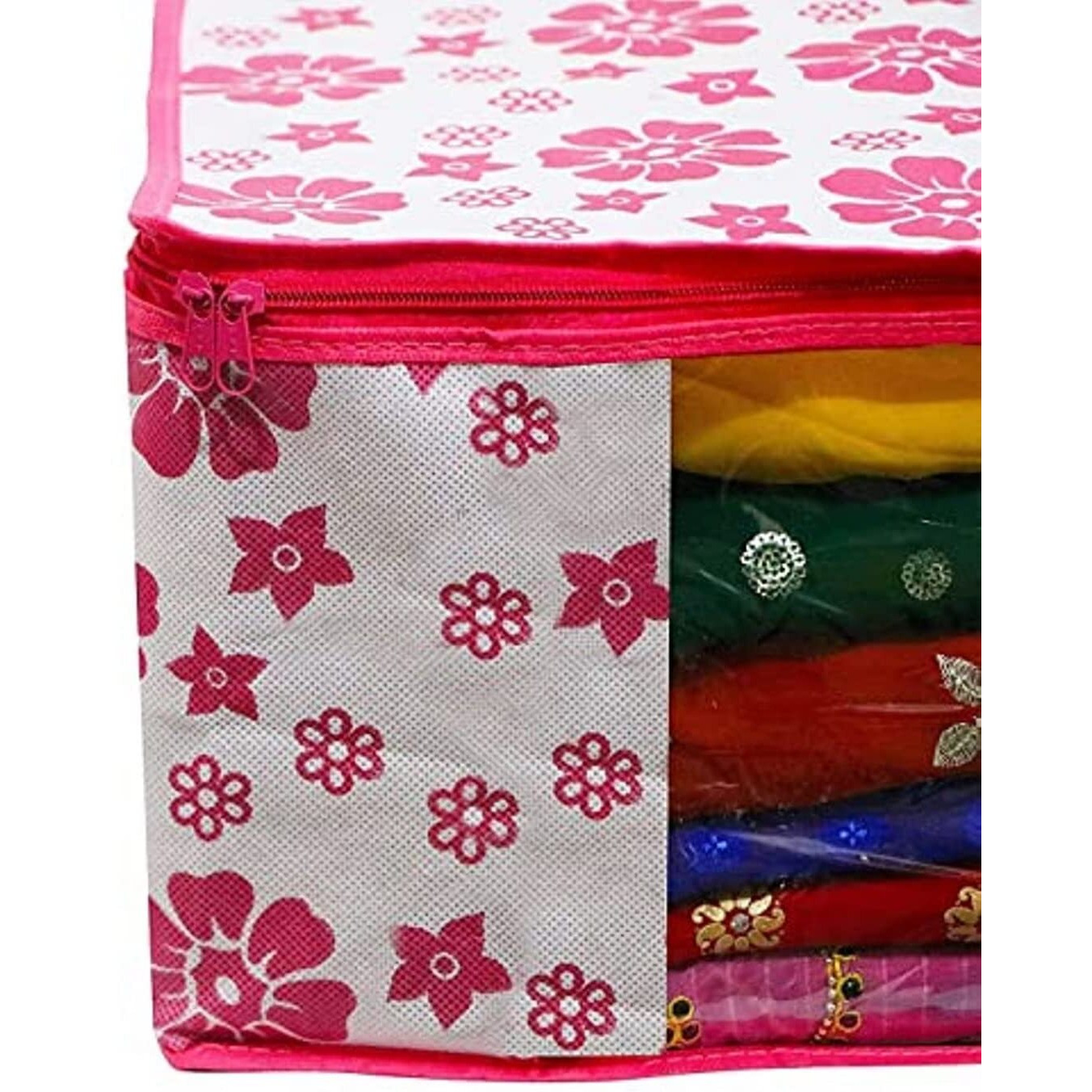 Acnos Premium Brand Metalic Pink Chain Flower Design 8 Piece Non Woven Large Size Saree Cloth Cover Set Pack Of 8 Pink And White