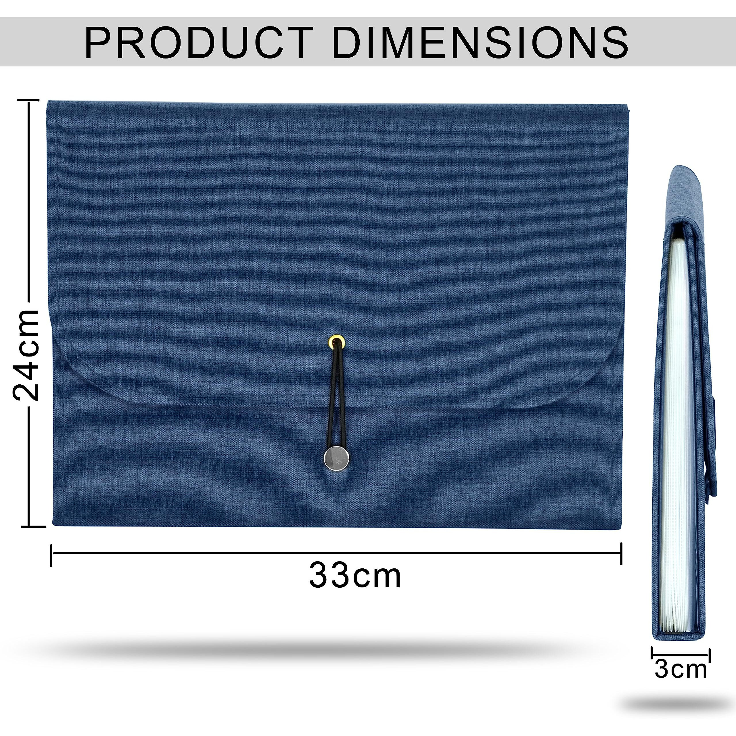 Nisun 13 Pockets Canvas Expanding File Folder, A4/Letter Size Accordion File, Expandable Document Organizer With Labels - Blue(33 * 24Cm)