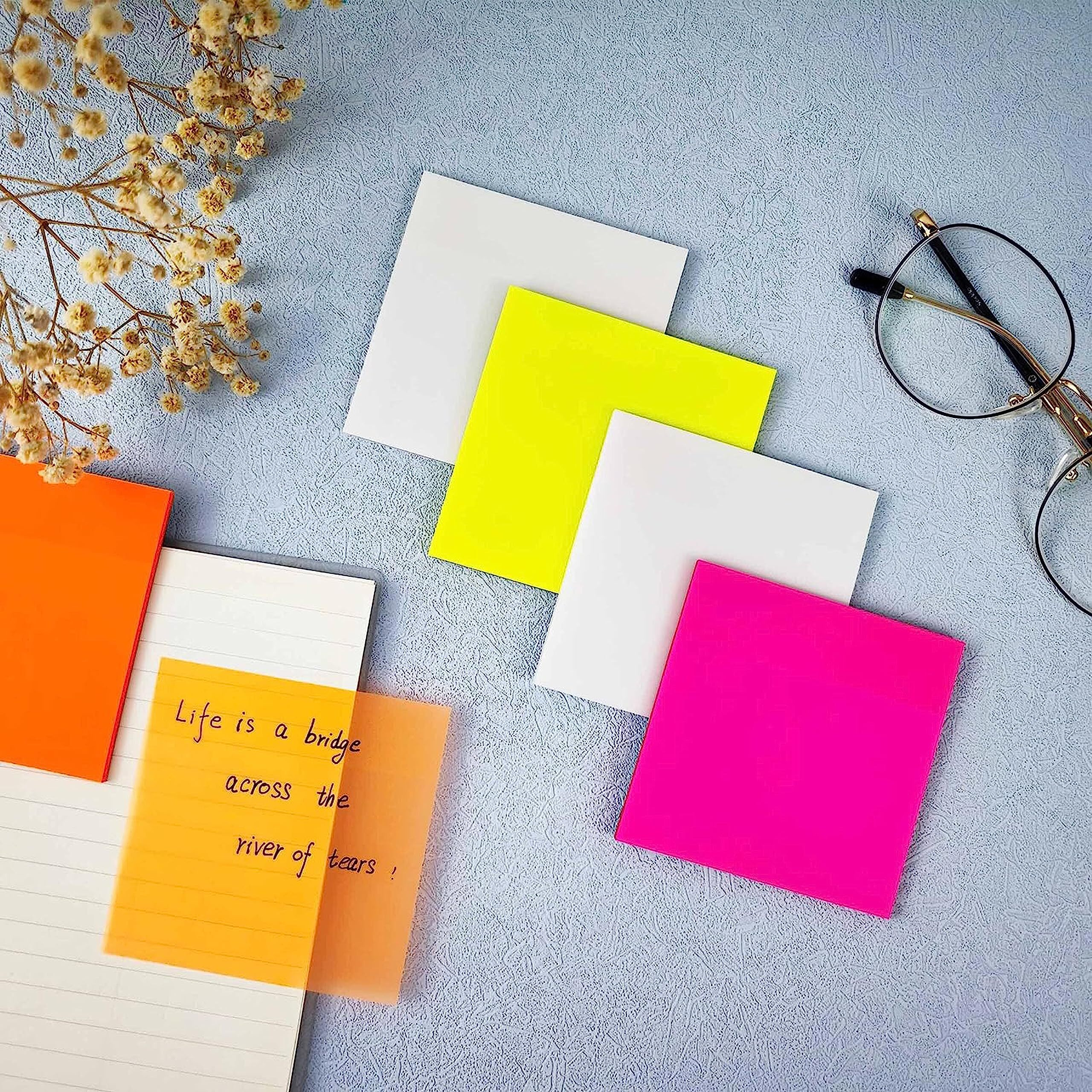 Transparent Sticky Notes Self-Stick Writing Pads Clear Cute Full Translucent Removable Perfect For College Essentials Books Office Stationery Art And Craft Pink, Yellow,Transparent