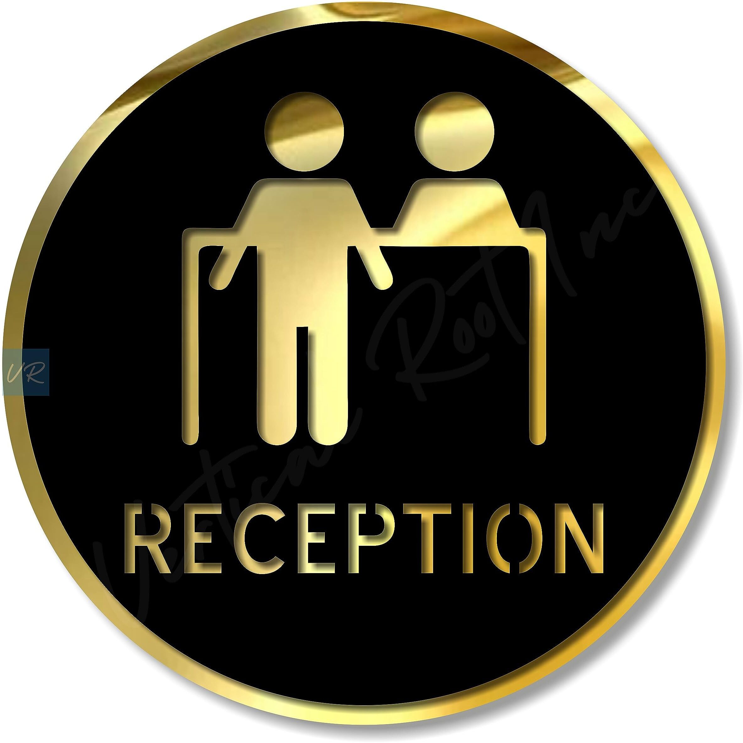 Vertical Root Inc Premium Black Gold Finish Acrylic Reception Door Sign Easy To Mount Self-Adhesive Tape Signage For Hotel Office Resort Society Corporate Business Hospital