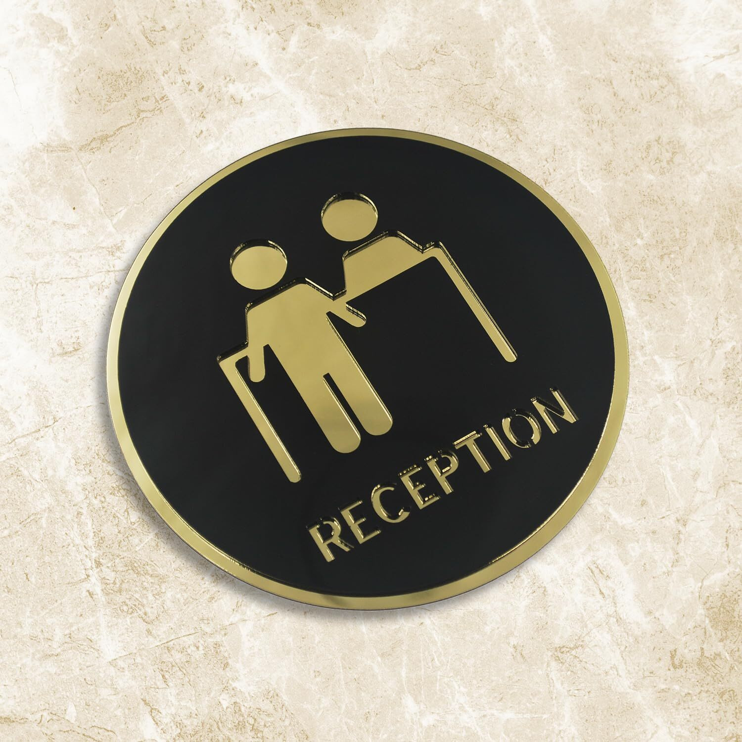 Vertical Root Inc Premium Black Gold Finish Acrylic Reception Door Sign Easy To Mount Self-Adhesive Tape Signage For Hotel Office Resort Society Corporate Business Hospital
