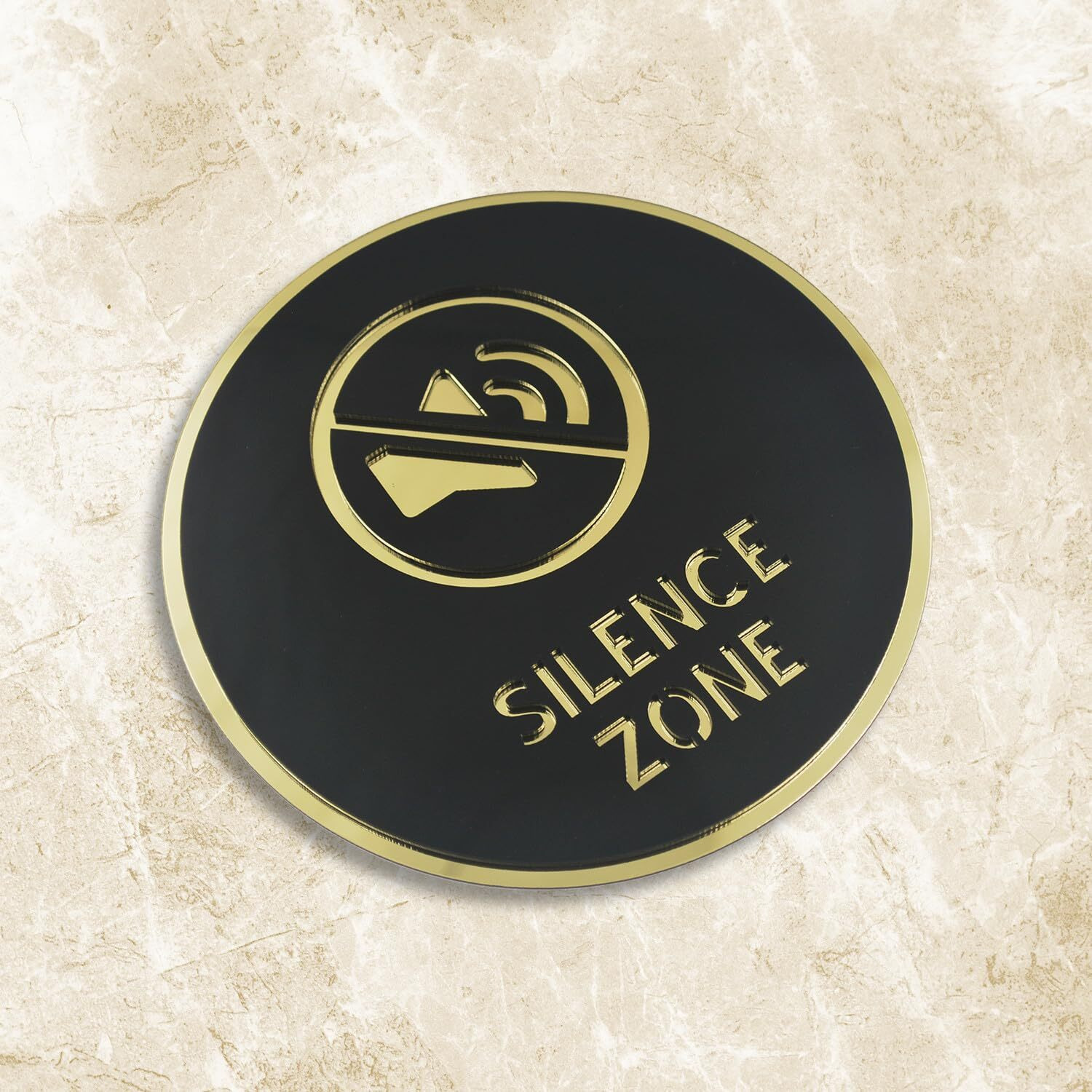 Vertical Root Inc Premium Black Gold Finish Acrylic Silent Zone Door Sign Easy To Mount Self-Adhesive Tape Signage For Hotel Office Resort Society Corporate Business Hospital